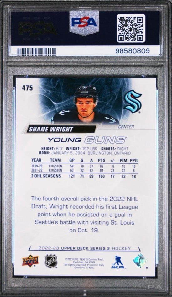 2022-23 Upper Deck Shane Wright RC Silver Foil Young Guns #475 Kraken PSA 9