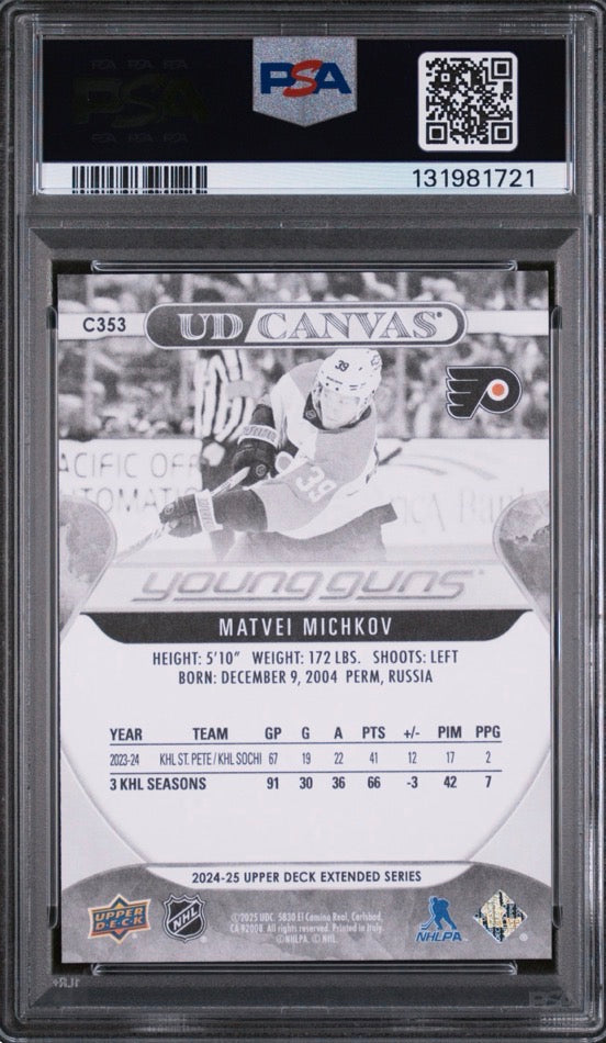 2024-25 UD Extended Series Matvai  Michkov Canvas Black Young Guns PSA 10