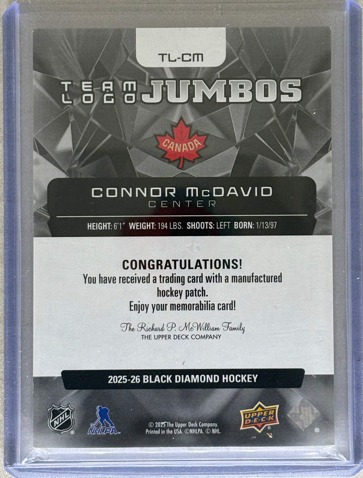 2025-26 Black Diamond Team Logo Jumbos Connor McDavid