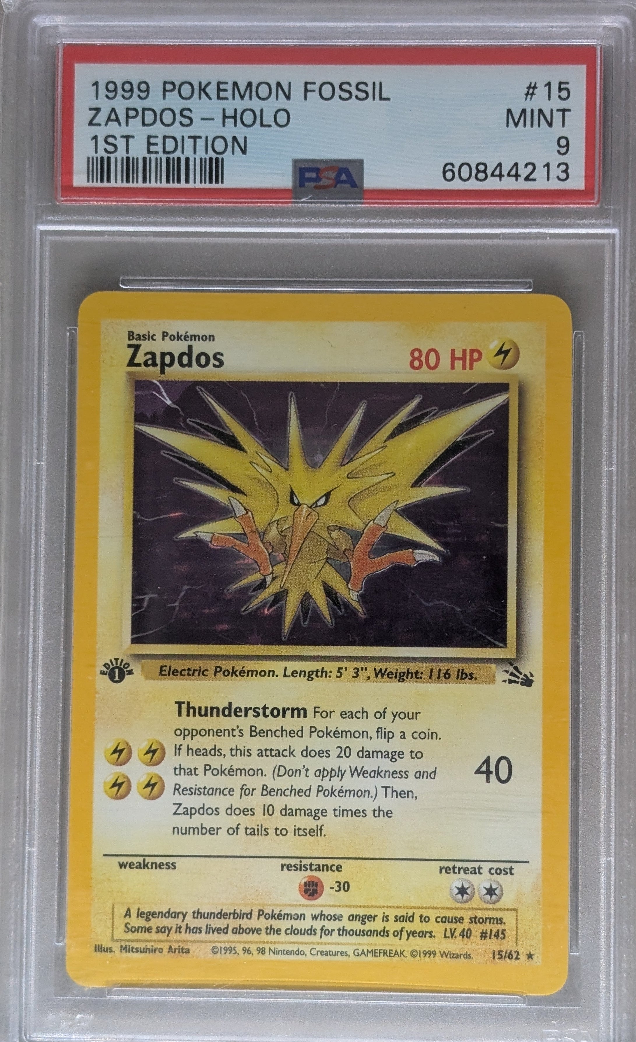 1999 Fossil Zapdos Holo 1st Edition PSA 9