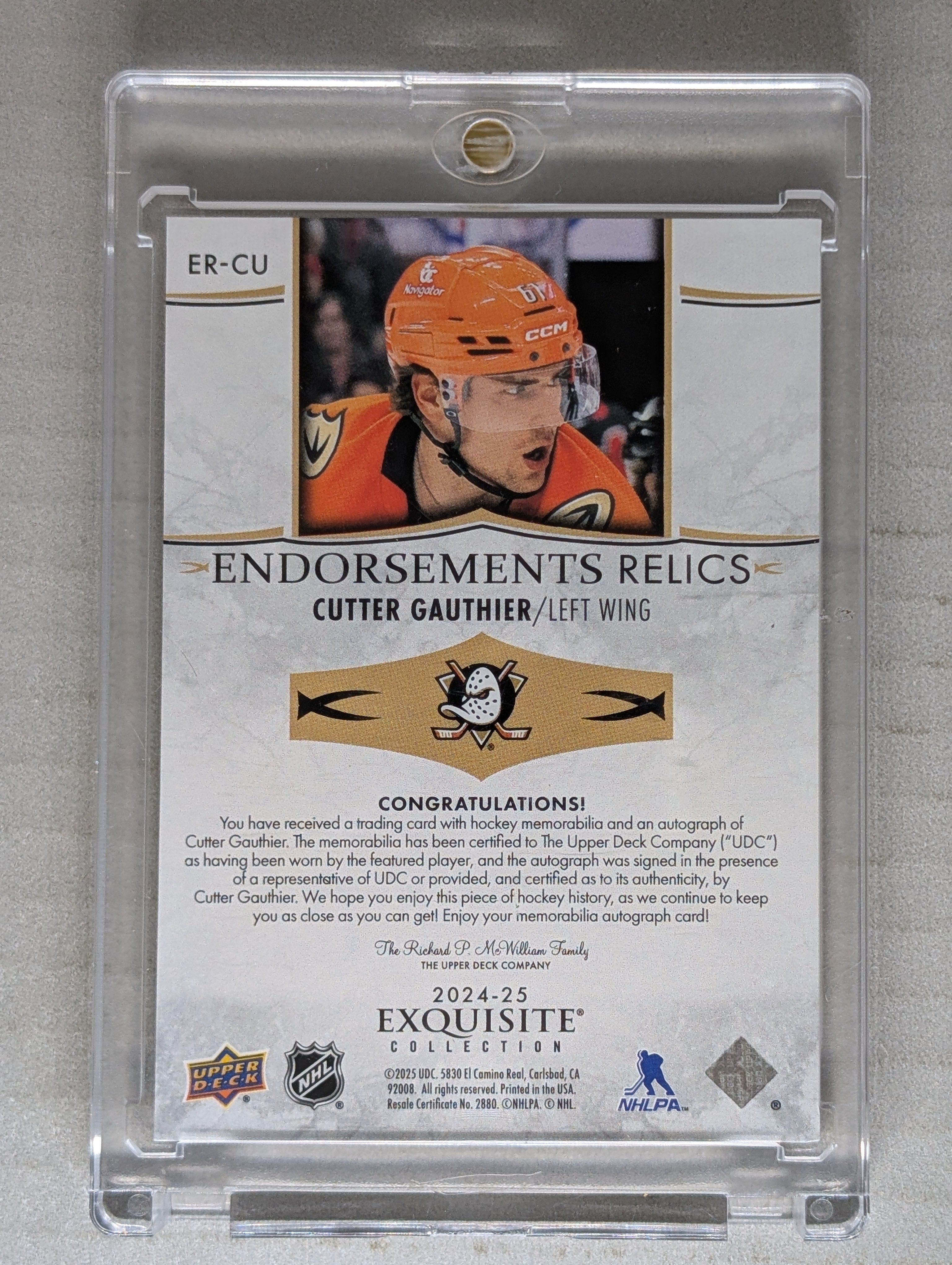 2024-25 UD The Cup Cutter Gauthier Rookie Exquisite Endorsements Patch Auto /50