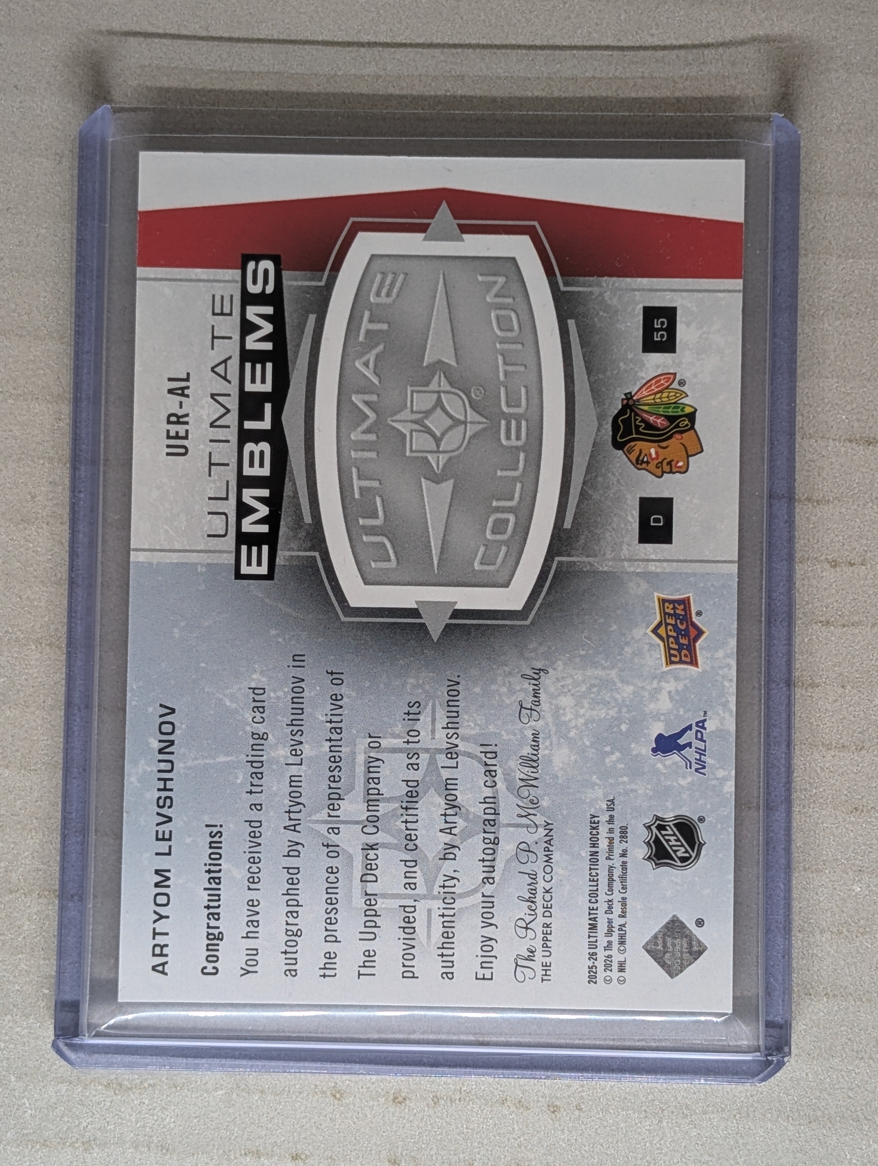 2025-26 UD Ultimate Collection Artyom Levshunov Ultimate Emblems Rookie Auto