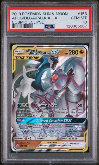 Pokemon TCG Cosmic Eclipse Arceus & Dialga & Palkia GX 156/236 Holo PSA 10