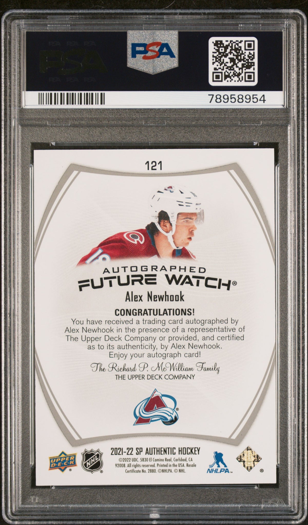 2021-22 Sp Authentic #121 Alex Newhook Future Watch Auto PSA 10