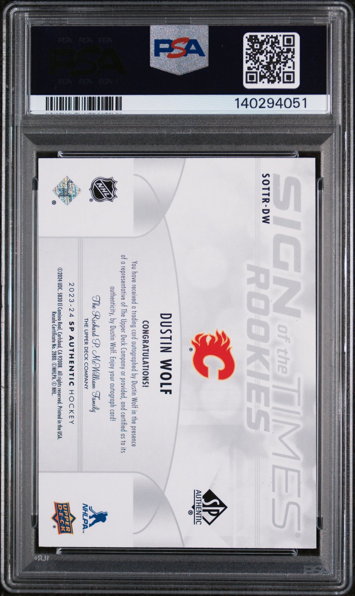 2023-24 SP Authentic Sign of the Times Rookies Dustin Wolf PSA 9