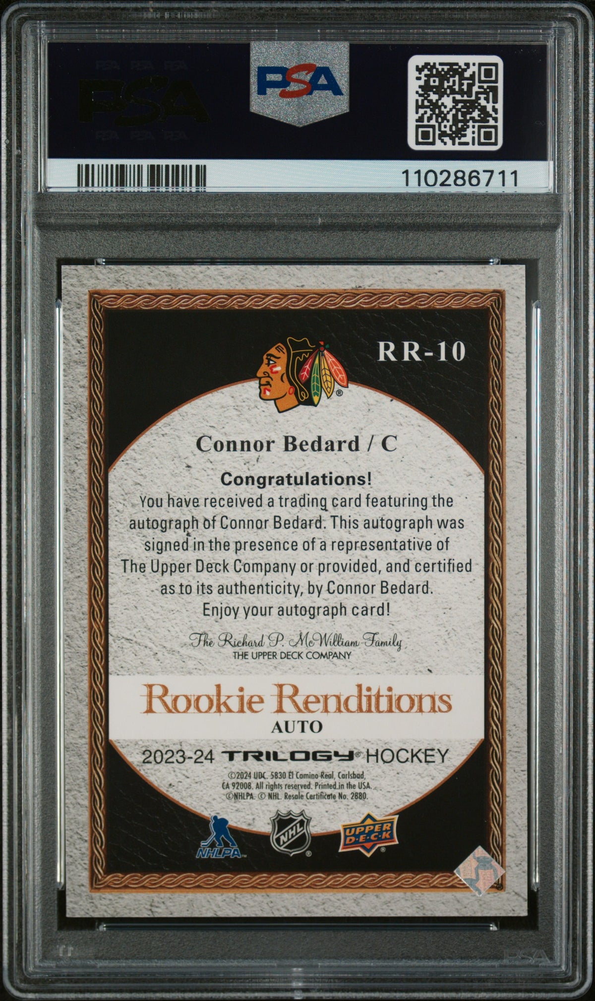 2023-24 Trilogy Connor Bedard Rookie Renditions Auto /25 PSA 10/10