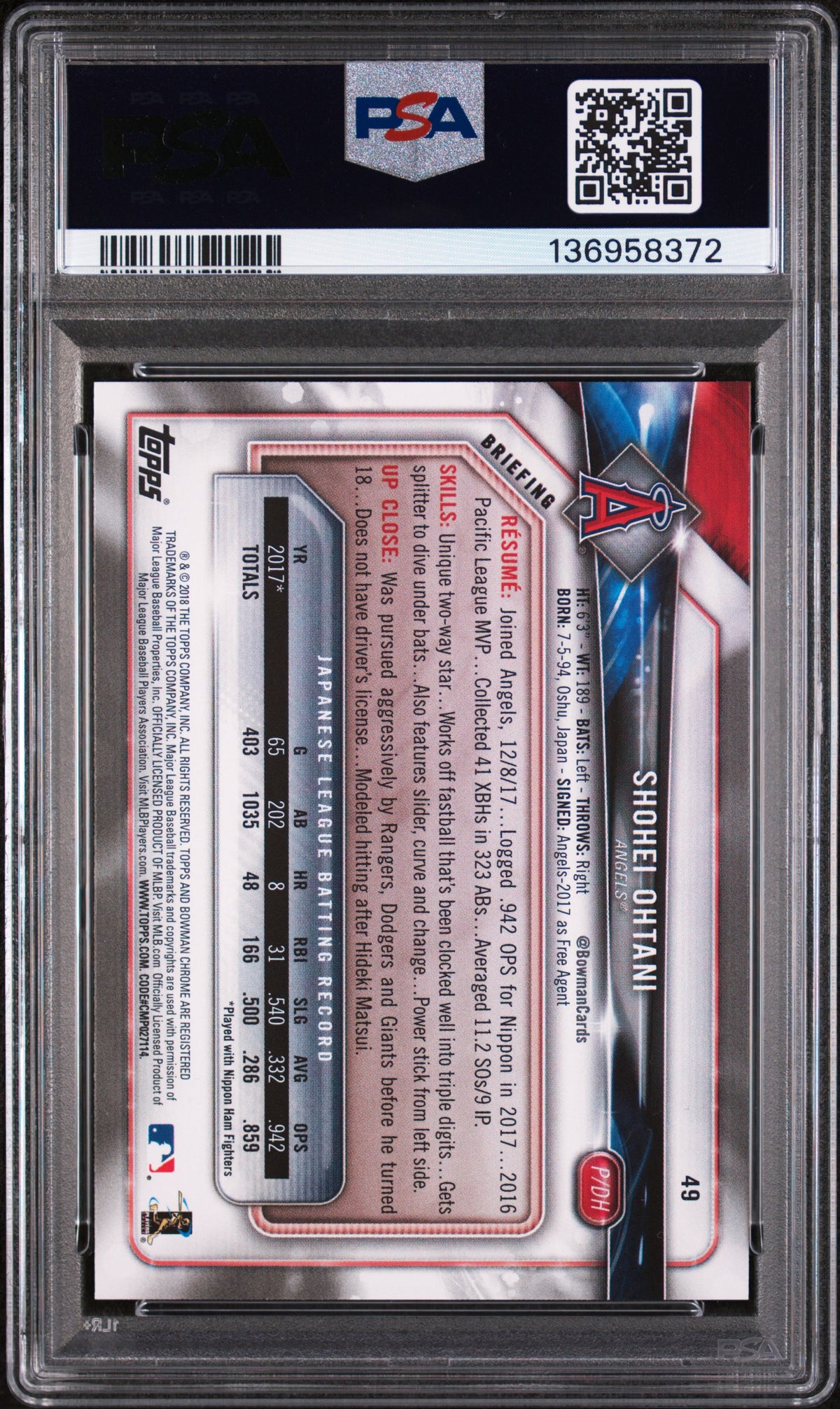2018 Bowman # 49 Shohei Ohtani (RC) PSA 9