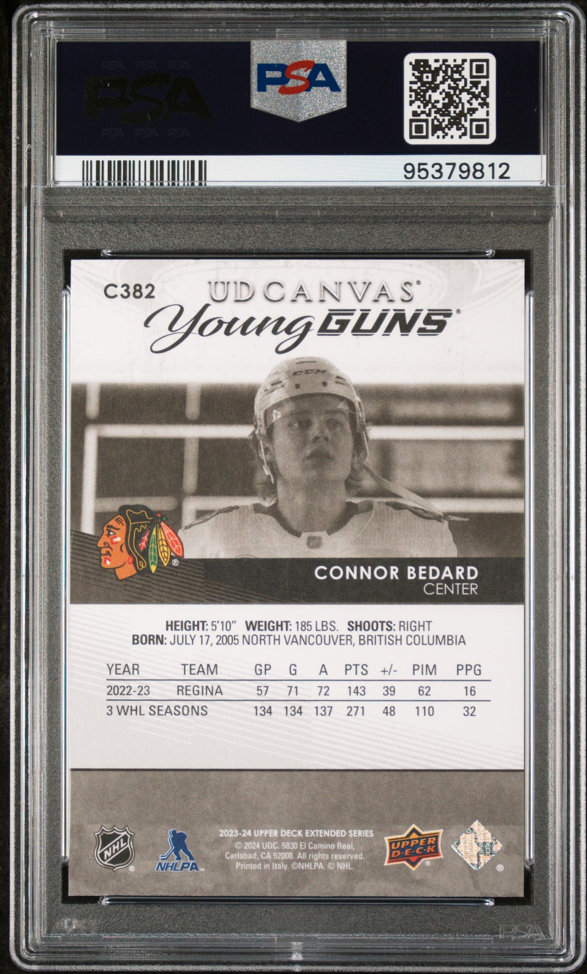 2023-24 Upper Deck Connor Bedard Black And White Young Guns UD Canvas PSA 10