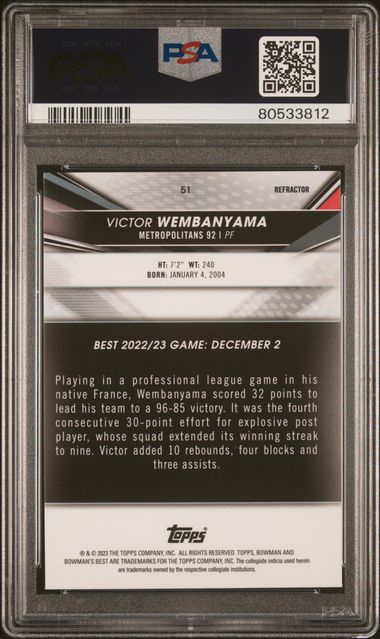 2022-23 Topps Bowman Victor Wembanyama University Best Refractor PSA 10