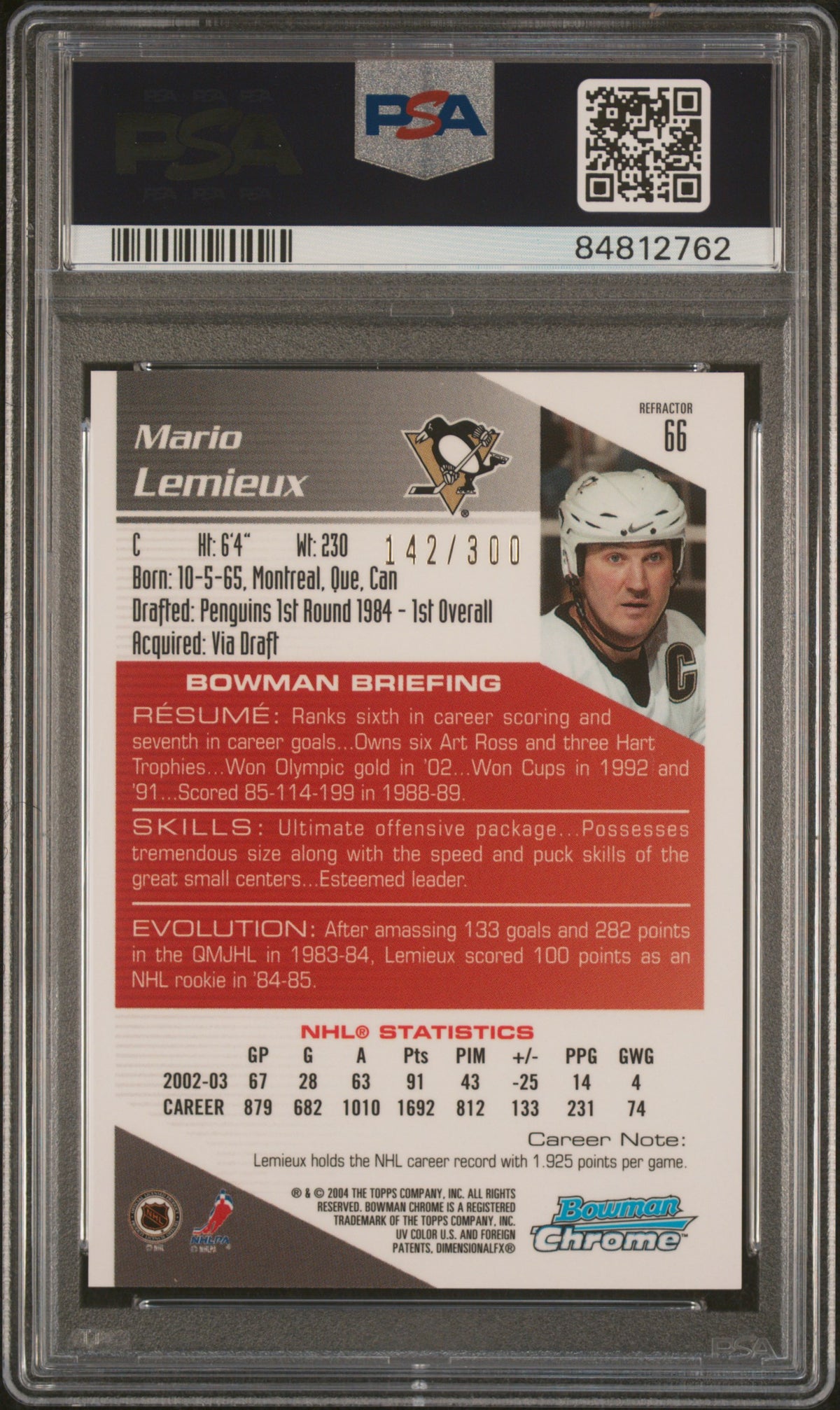 2003-04 Bowman Chrome Refractor #66 Mario Lemieux PSA 9