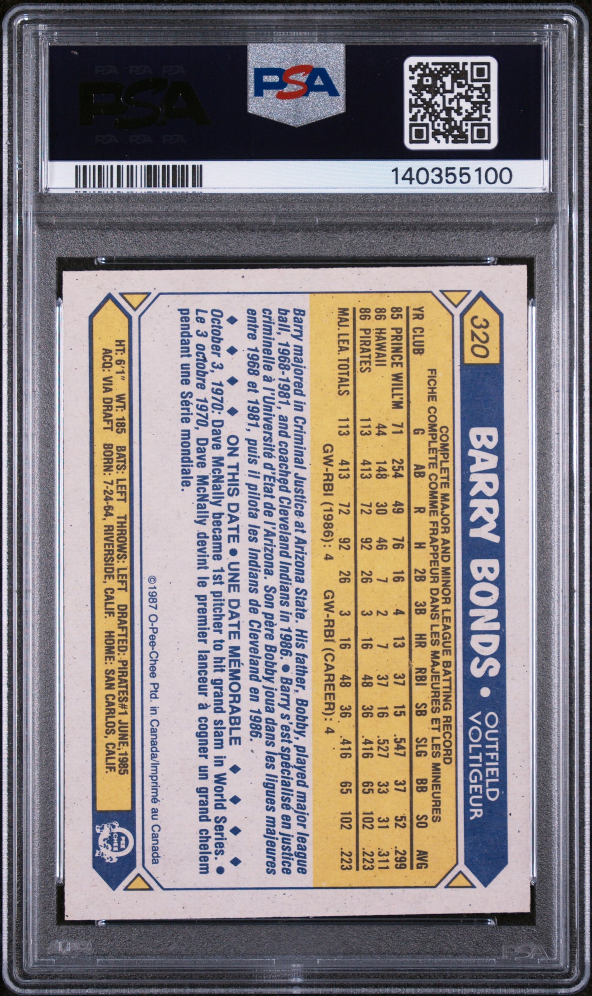 1987 O-Pee-Chee Barry Bonds Rookie RC #320  PSA 8