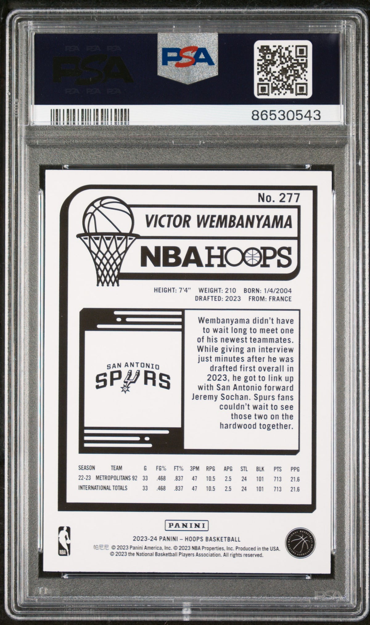 2023-24 Panini NBA Hoops - Rookies Victor Wembanyama #277 (RC) Psa 10