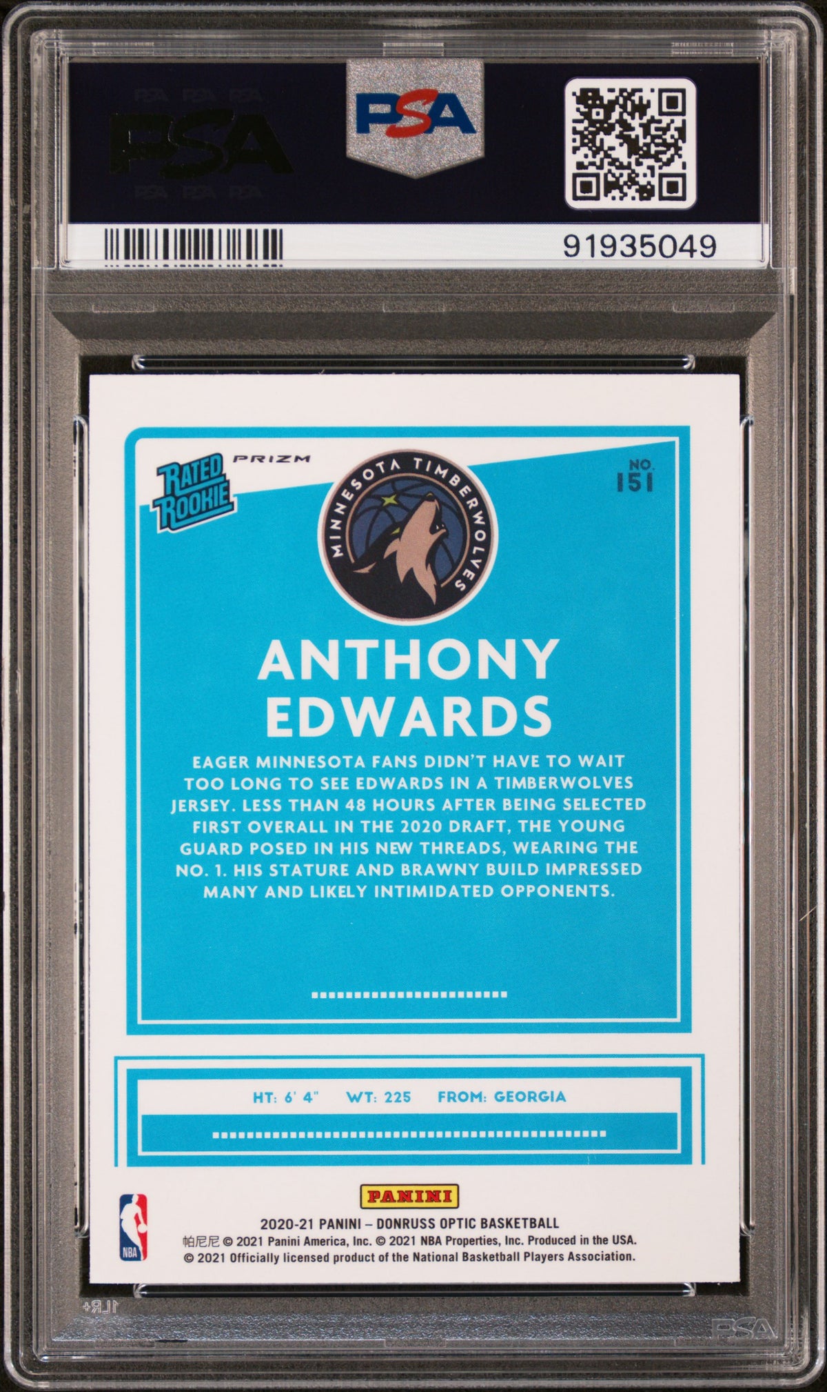 2020-21 Panini Donruss Optic #151 Anthony Edwards Purple Shock RC PSA 9