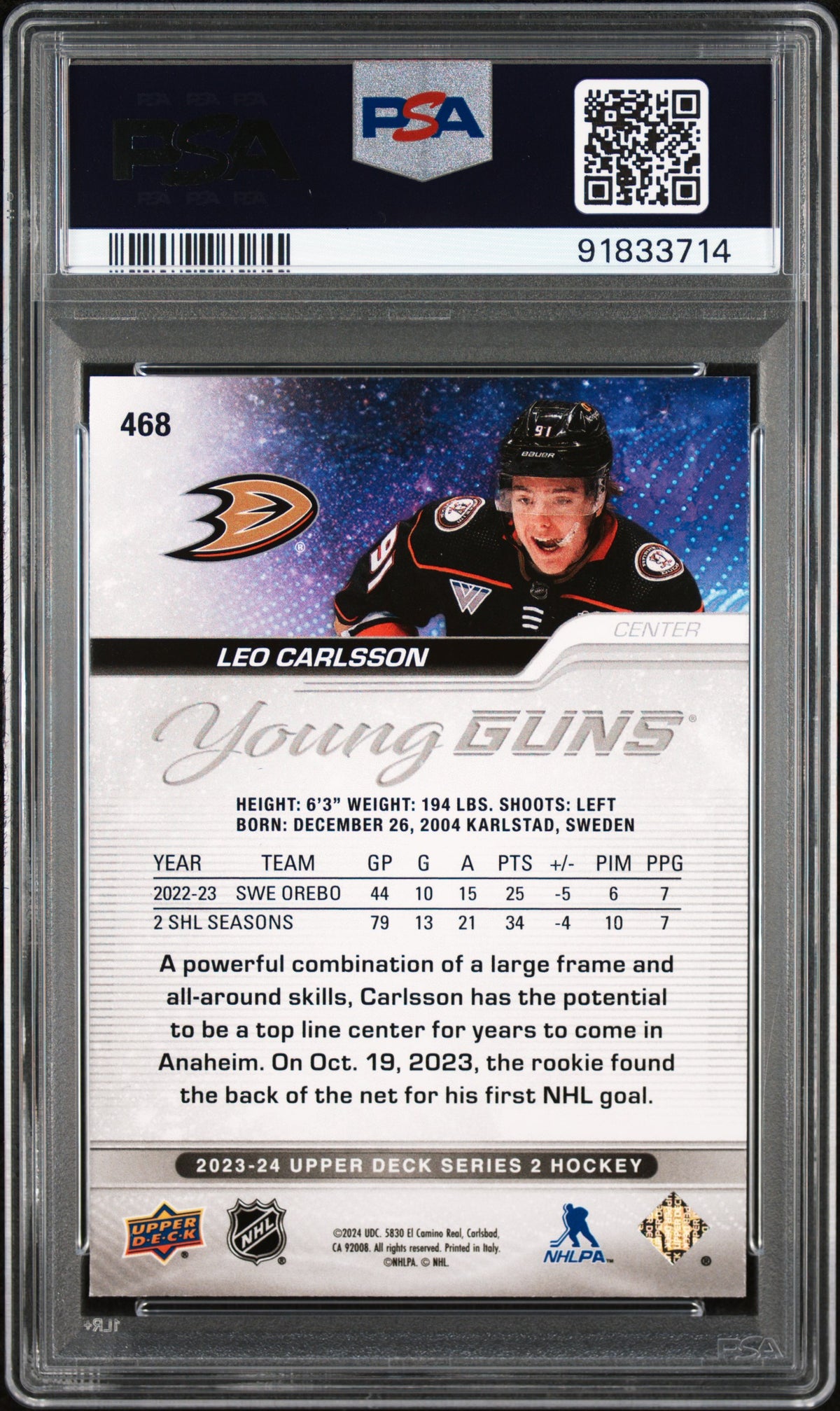 2023-24 Upper Deck Leo Carlson Young Guns PSA 10
