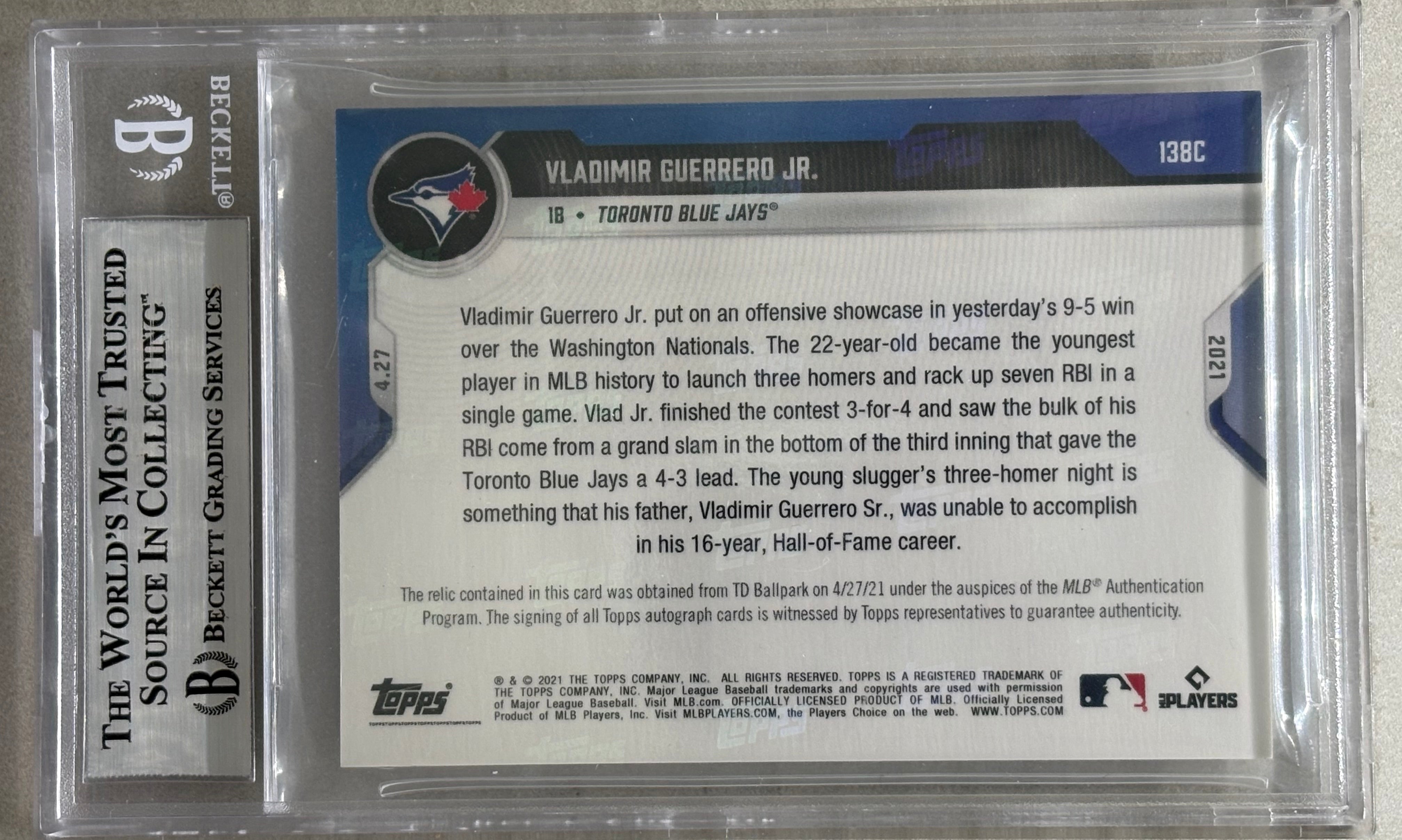2021 Topps Now Vladimir Guerrero Jr Purple Autograph Relics /25 BGS 9