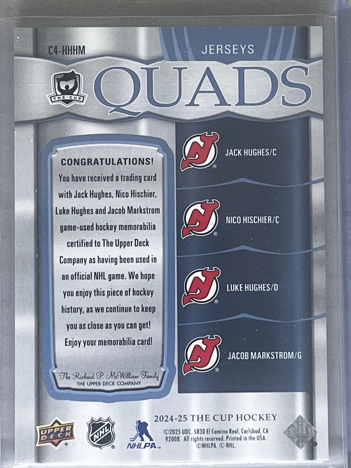 2024-25 The Cup Quads Hughes, Hischier, Hughes, Markstrom  11/25
