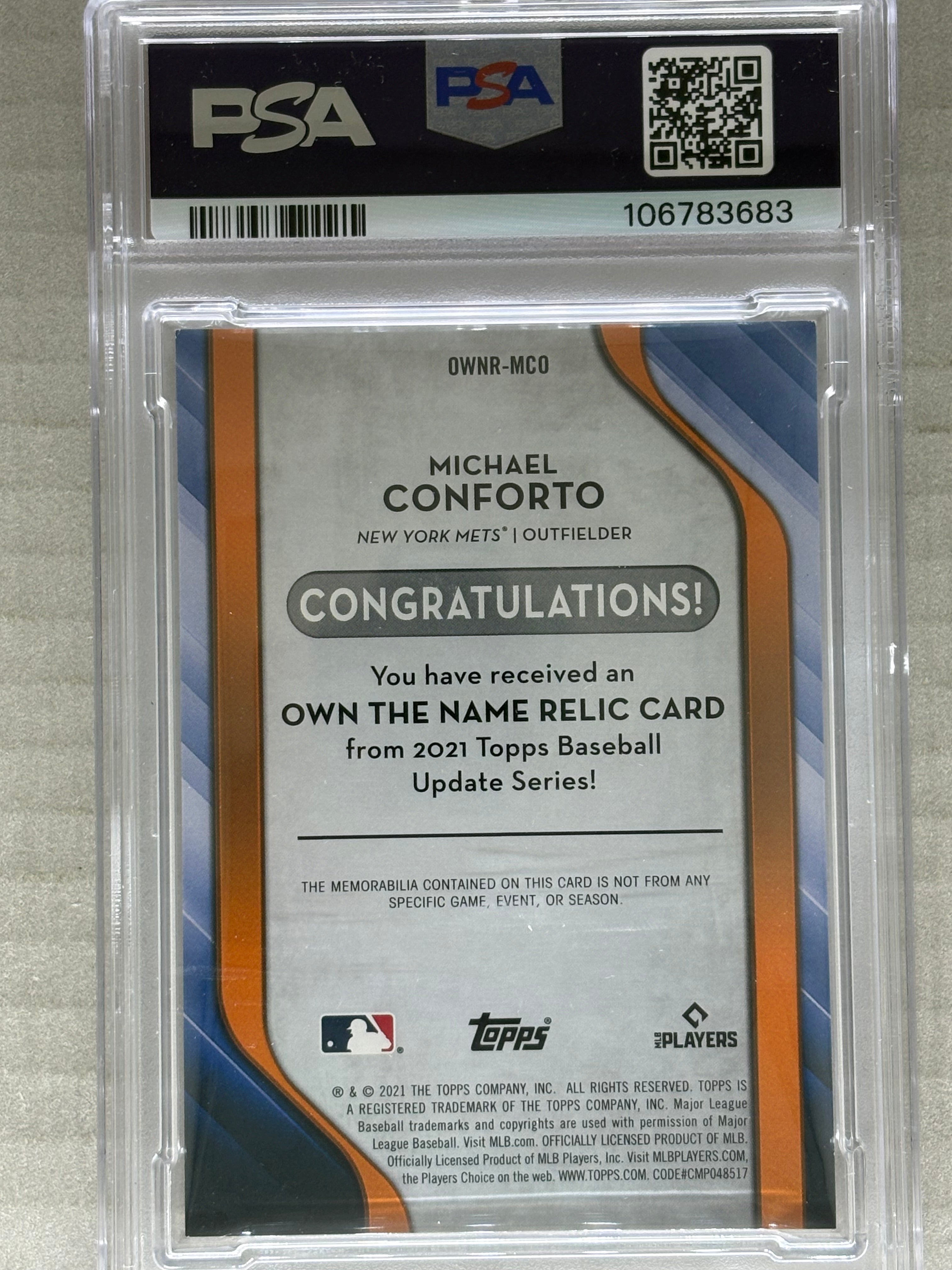 2021 Topps Update Own The Name Relics 1/1 Michael Conforto PSA 8