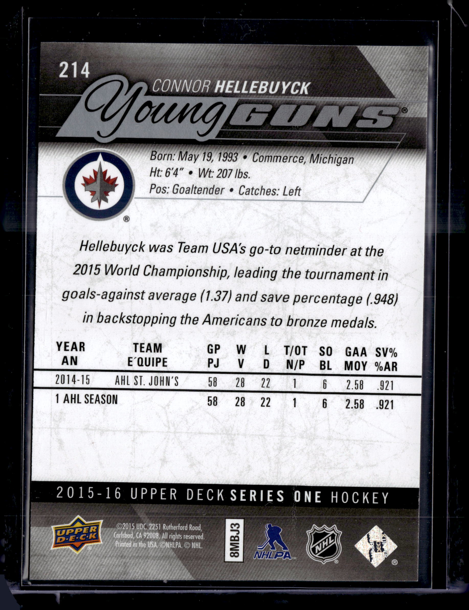 2015-16 UD Series 1 Young Guns Silver Foil #214 Connor Hellebuyck