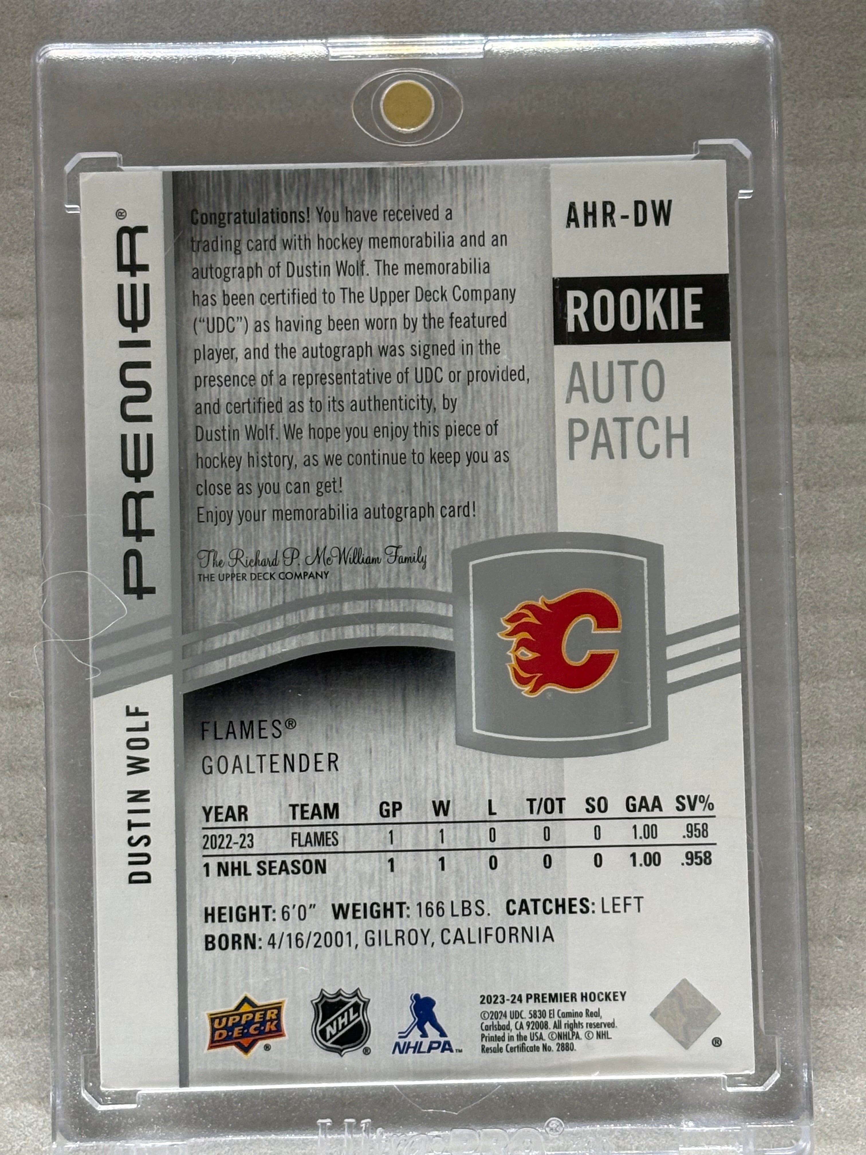2023-24 Upper Deck Premier Dustin Wolf Auto Patch 91/99