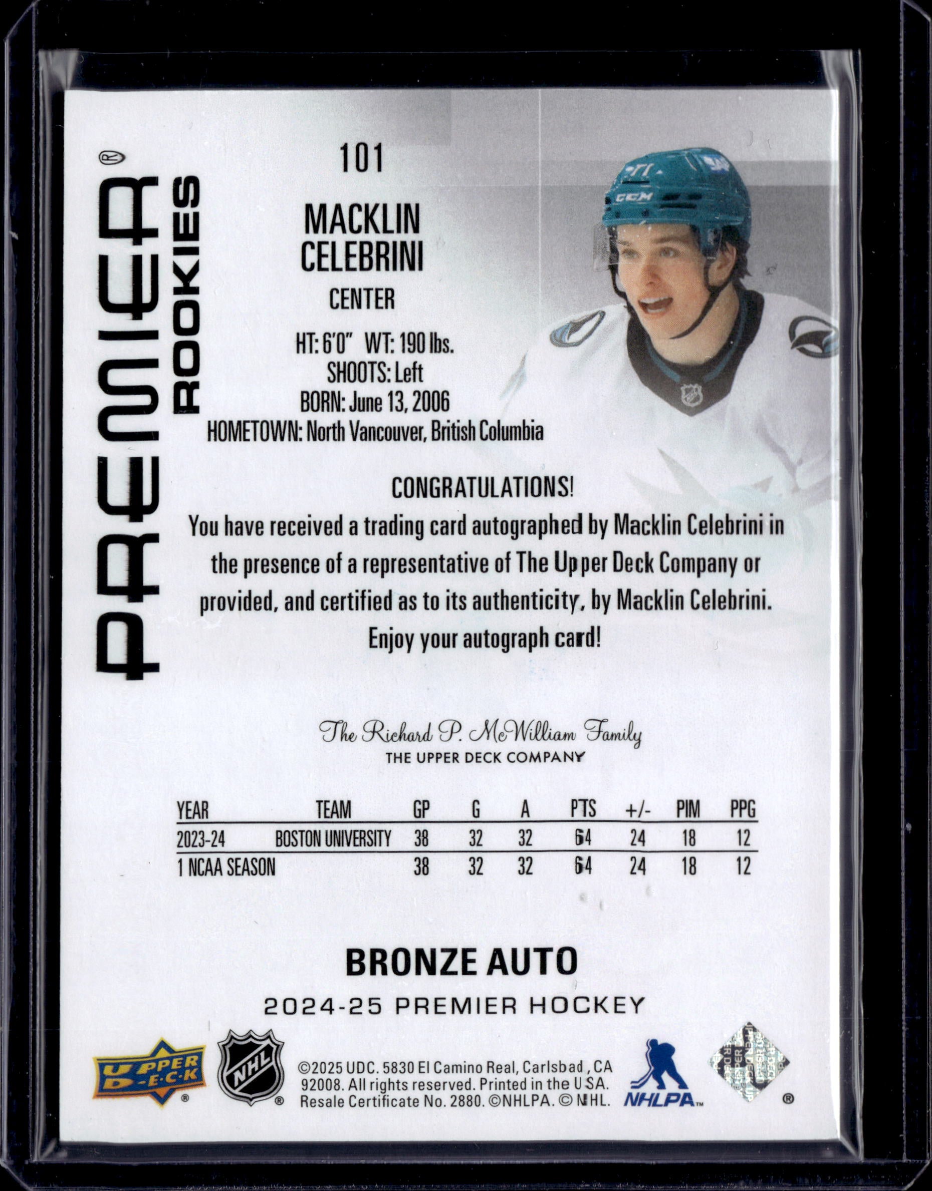 2024-25 Premier Premier Rookies Bronze Auto Macklin Celebrini