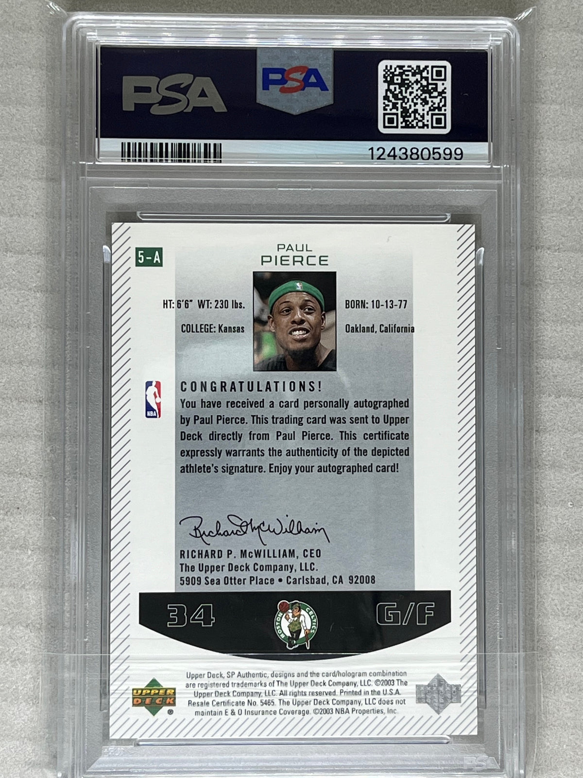2002 SP Authentic Paul Pierce Autographed #5-A PSA 9