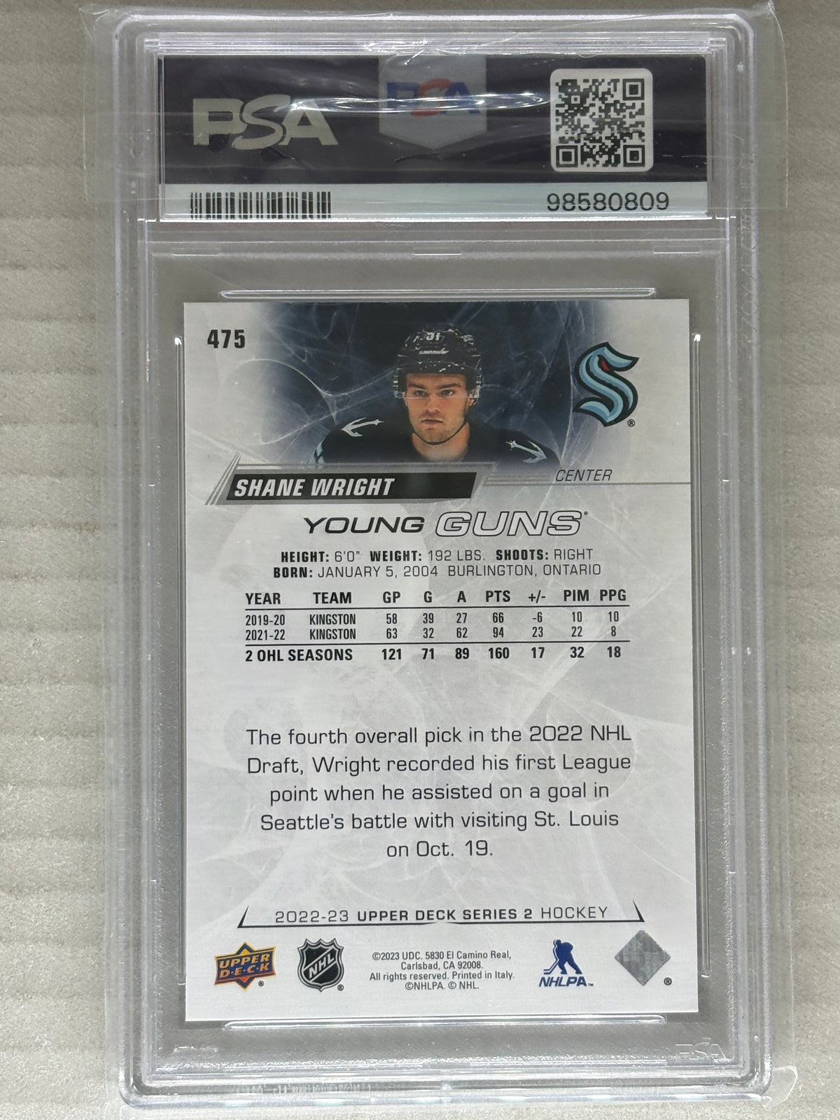 2022-23 Upper Deck Shane Wright RC Silver Foil Young Guns #475 Kraken PSA 9