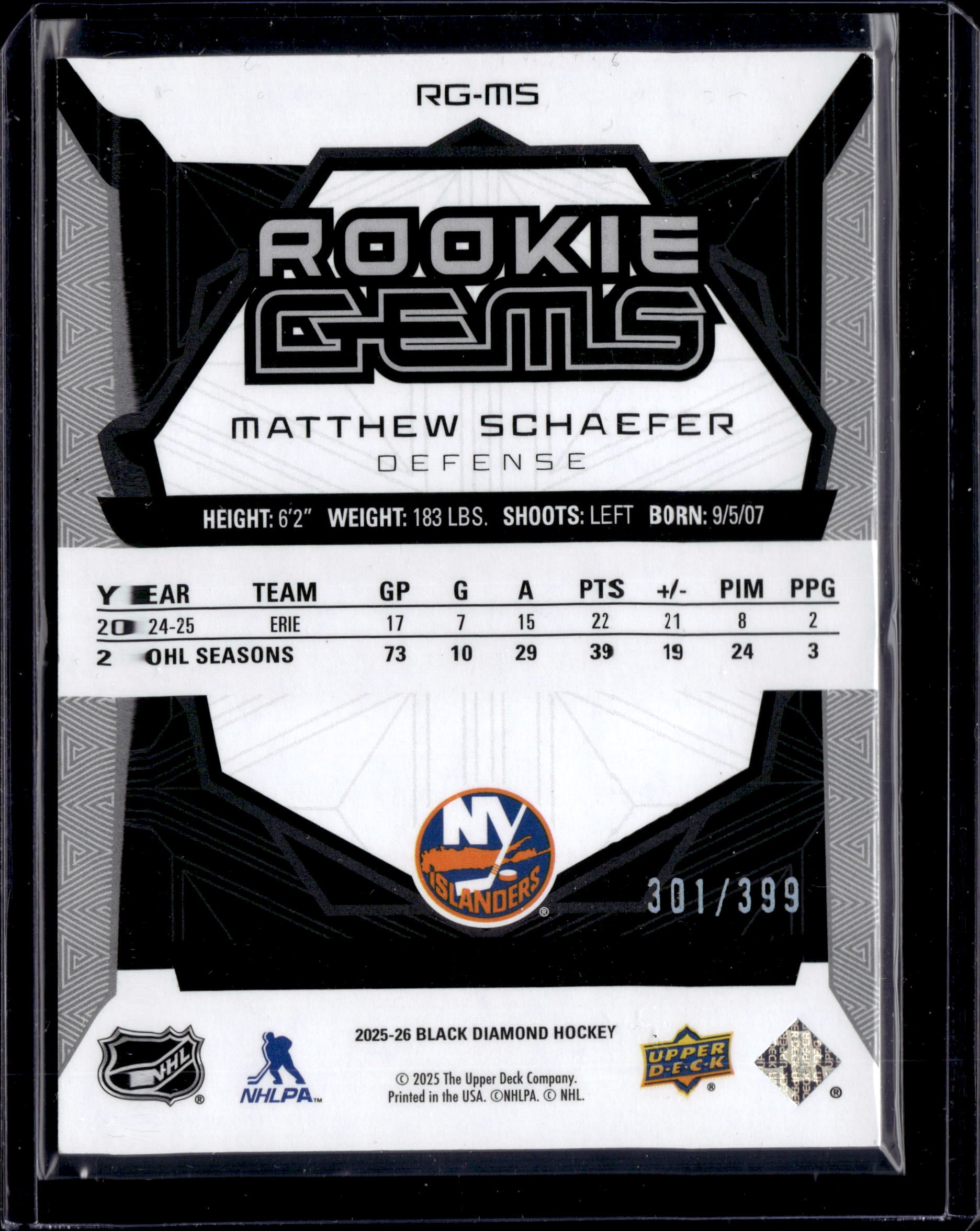 2025-26 Black Diamond Rookie Gems Matthew Schaefer #RG-MS RC /399