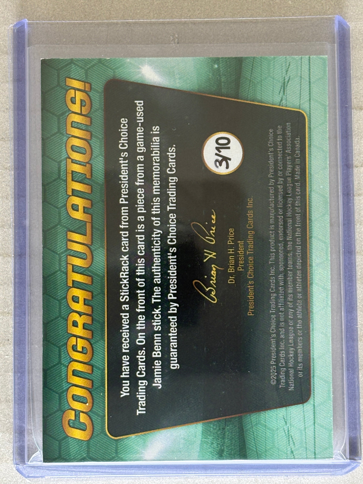 2025 President's Choice StickRack 3/10 Jamie Benn