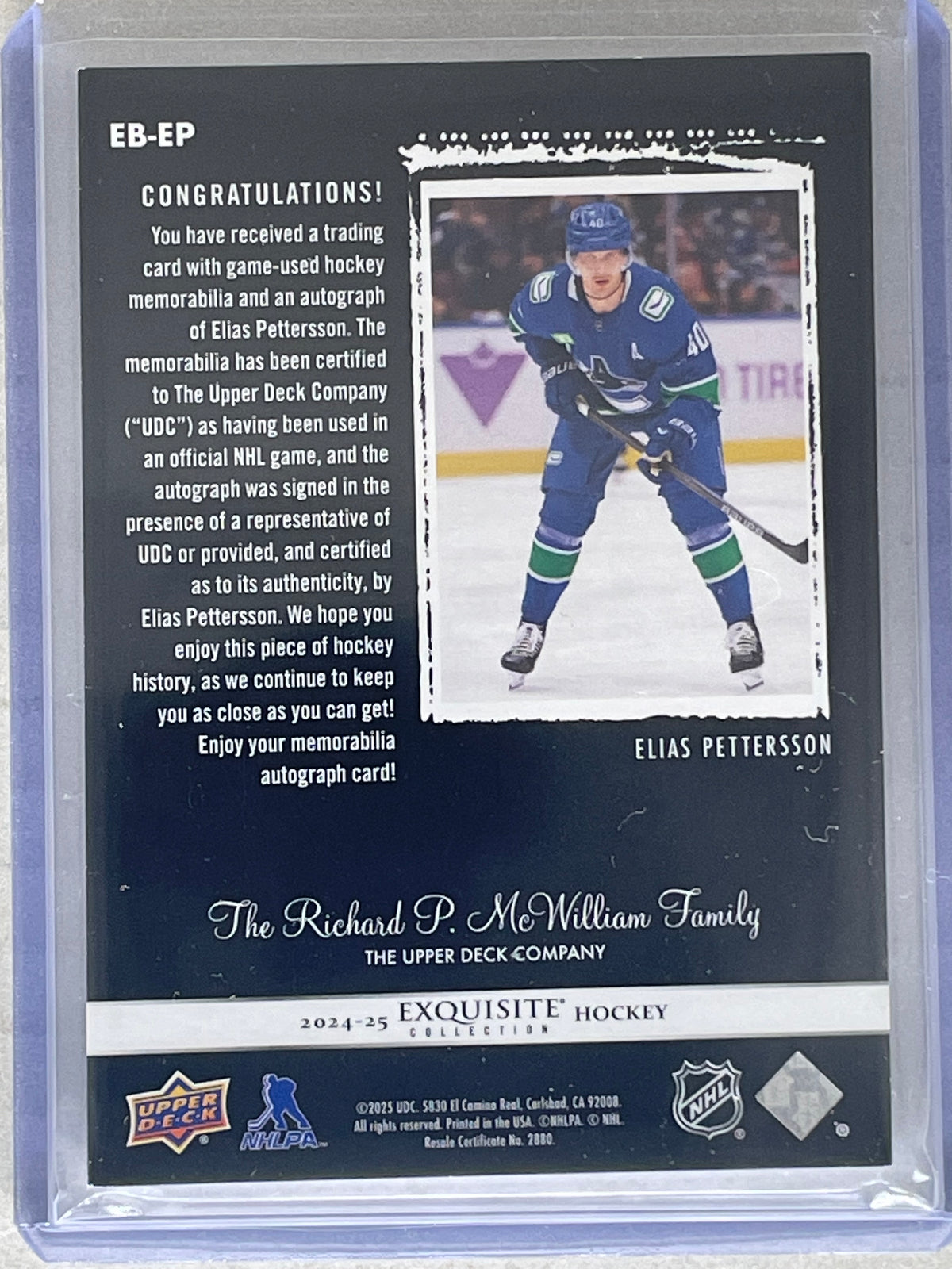 2024-25 UPPER DECK EXQUISITE COLLECTION ELIAS PETTERSSON PATCH AUTO /25