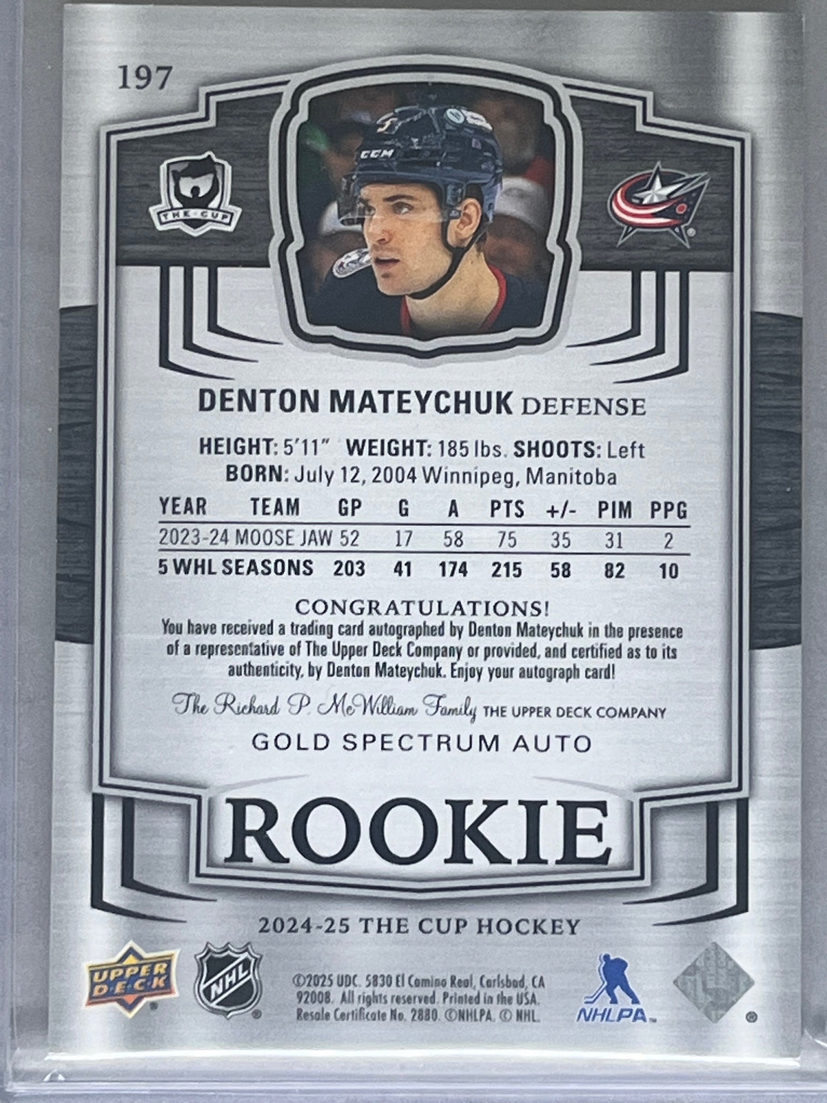 2024-25 Upper Deck The Cup Denton Mateychuk Rookie Gold Spectrum Auto /36