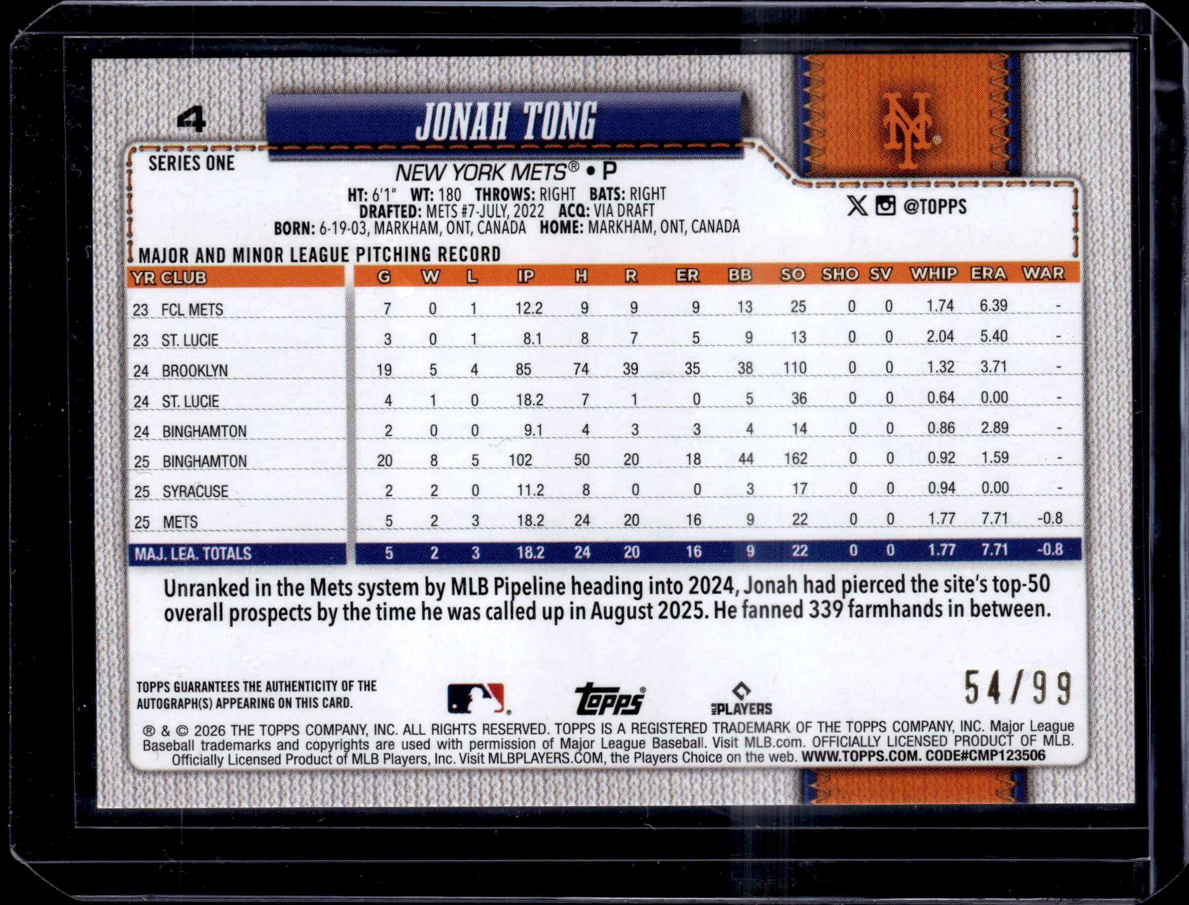 2026 Topps Series 1 Jonah Tong RC Auto Green Foil /99