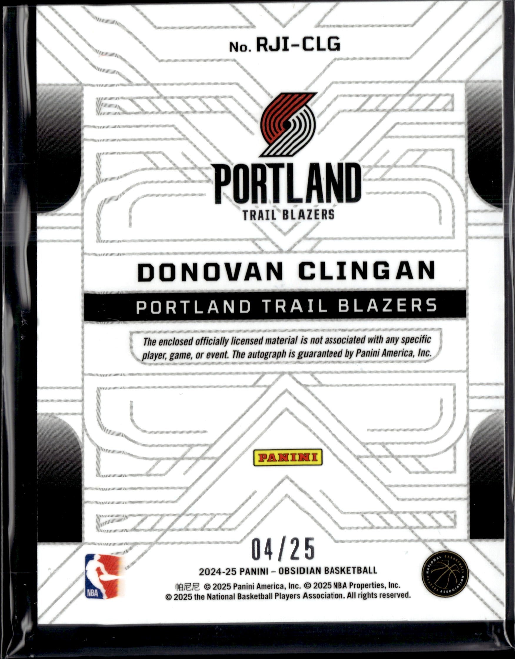 2024-25 Panini Obsidian Donovan Clingan Patch Auto 04/25