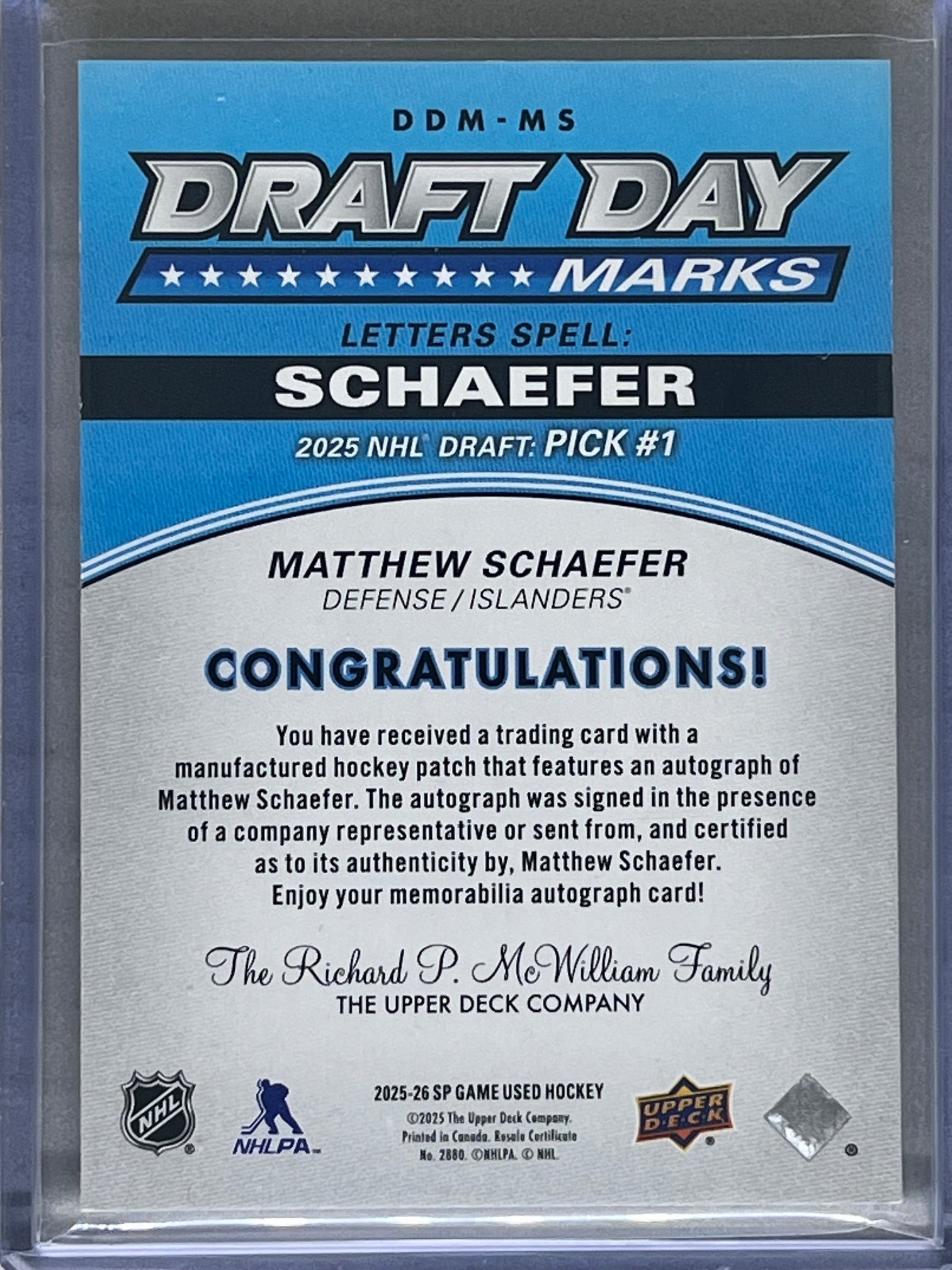 2025-26 Upper Deck SP Game Used Matthew Schaefer Draft Day Marks Patch Auto /35