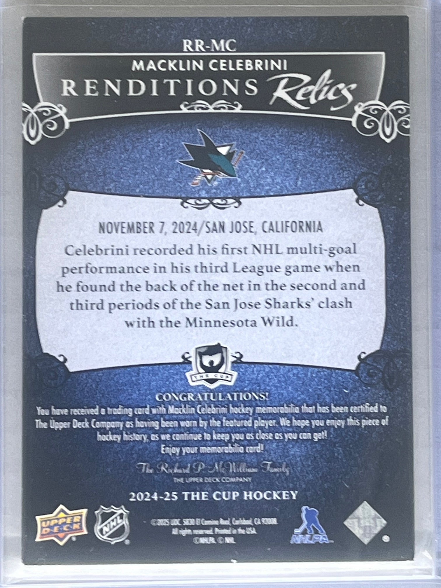 2024-25 Upper Deck The Cup Hockey Macklin Celebrini Renditions Relics Jersey
