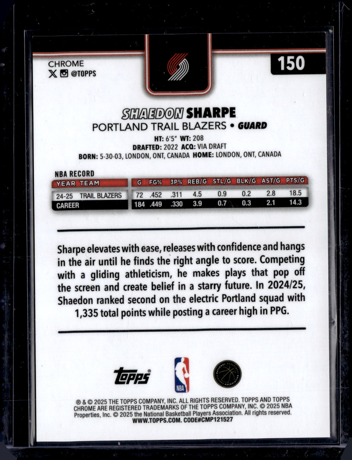 2025 Topps Chrome Shaedon Sharpe Black Refractor 05/10