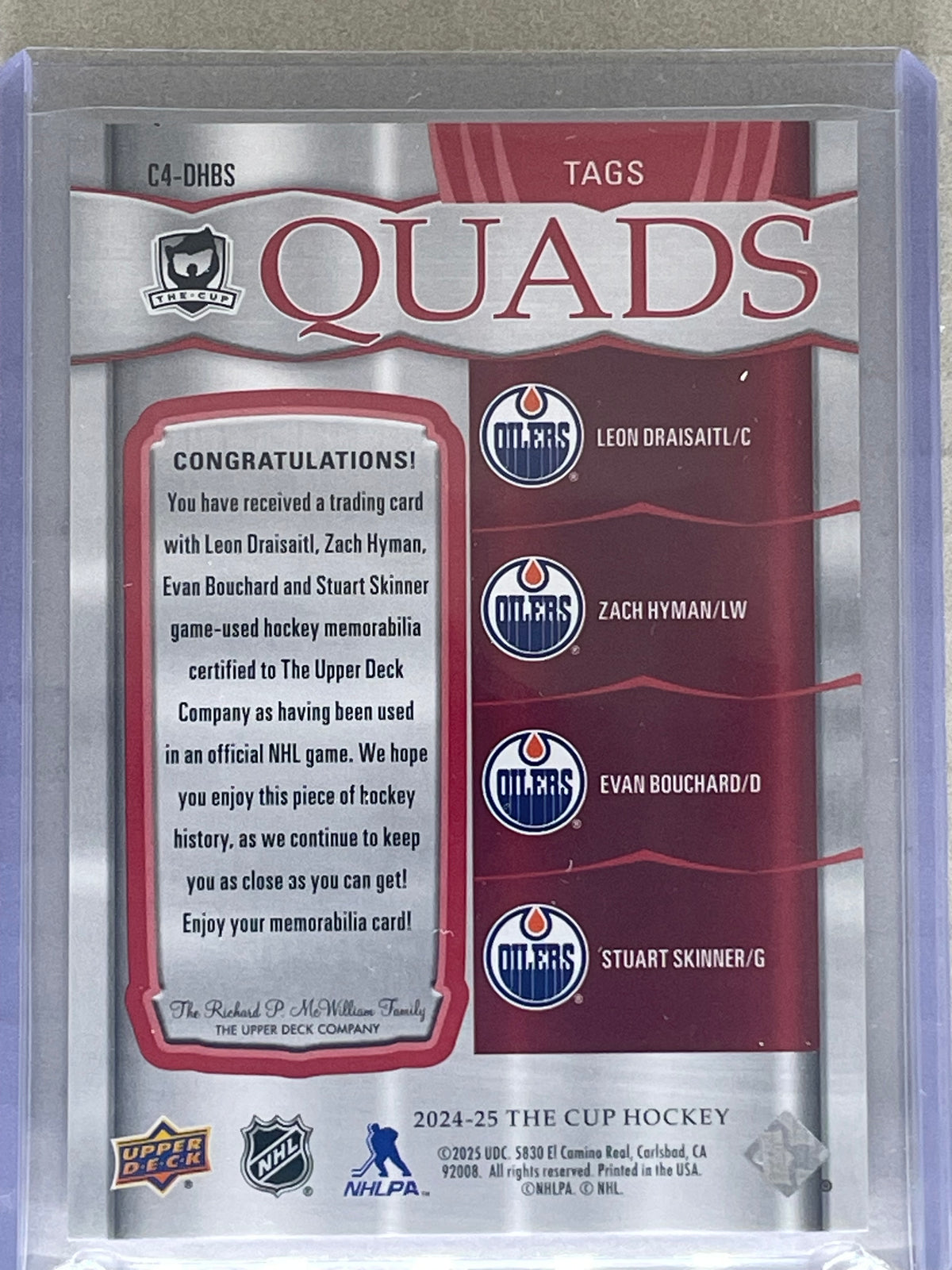 2024-25 The Cup Quad Tags Drasaitl/Hyman/Bouchard/Skinner 2/2