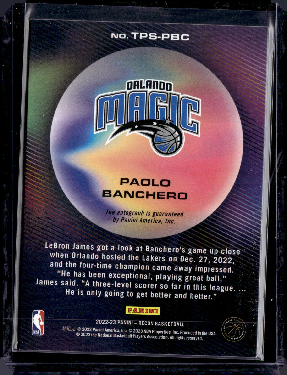 2022-23 Panini Recon Paolo Banchero True Potential Auto 70/75