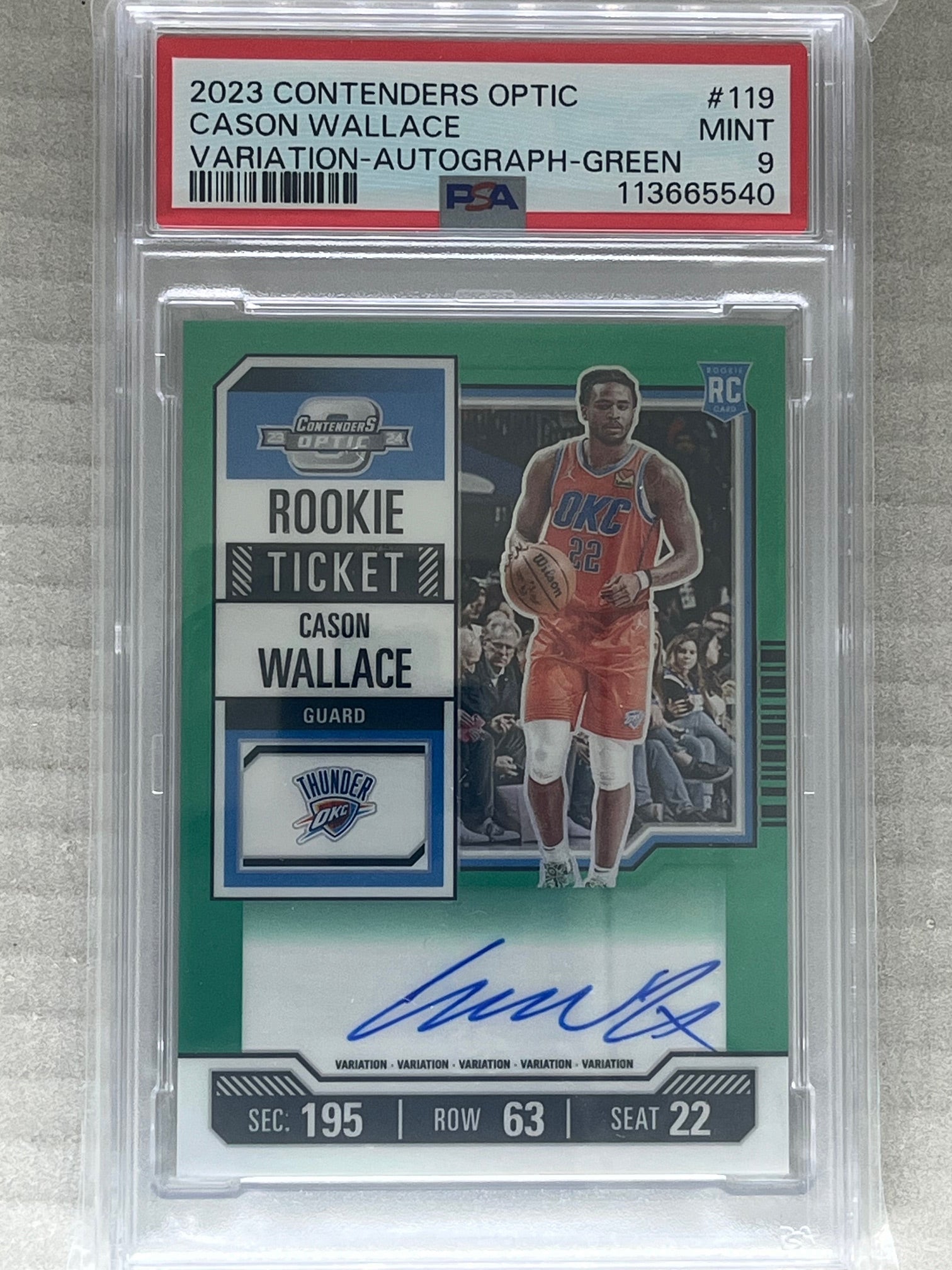 2023 Contenders Optic Cason Wallace /75 RC Auto Green Prizm Variation Ticket PSA 9