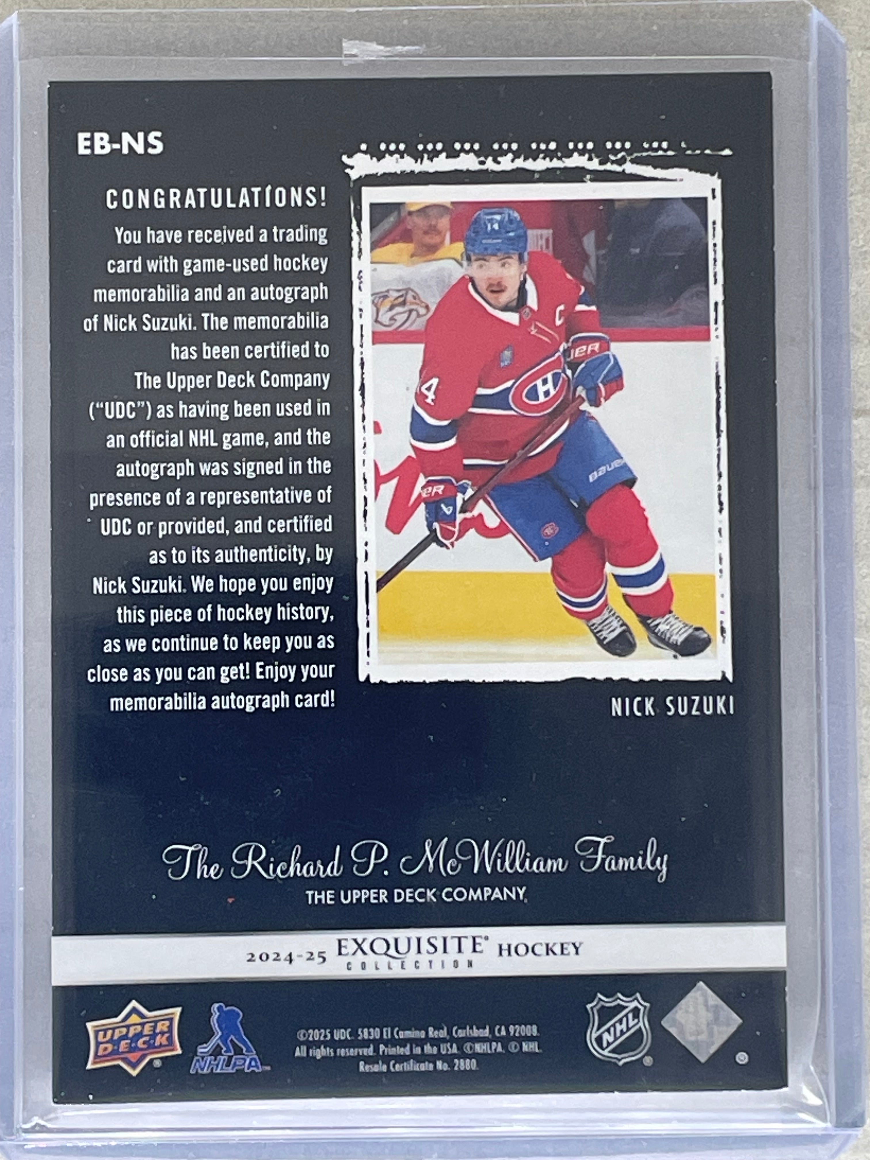 2024-25 UD The Cup Exquisite Auto Patch /25 Nick Suzuki