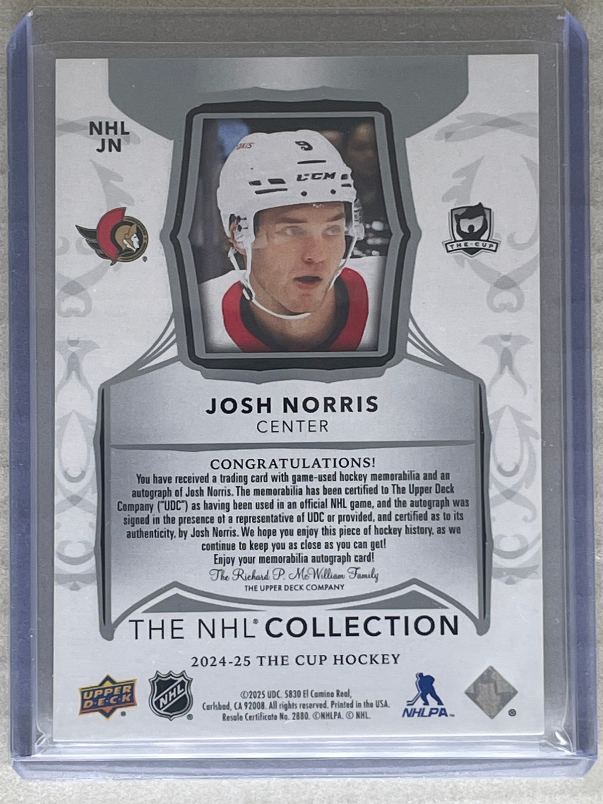 2024-25 The Cup The NHL Collection Patch Auto Josh Norris