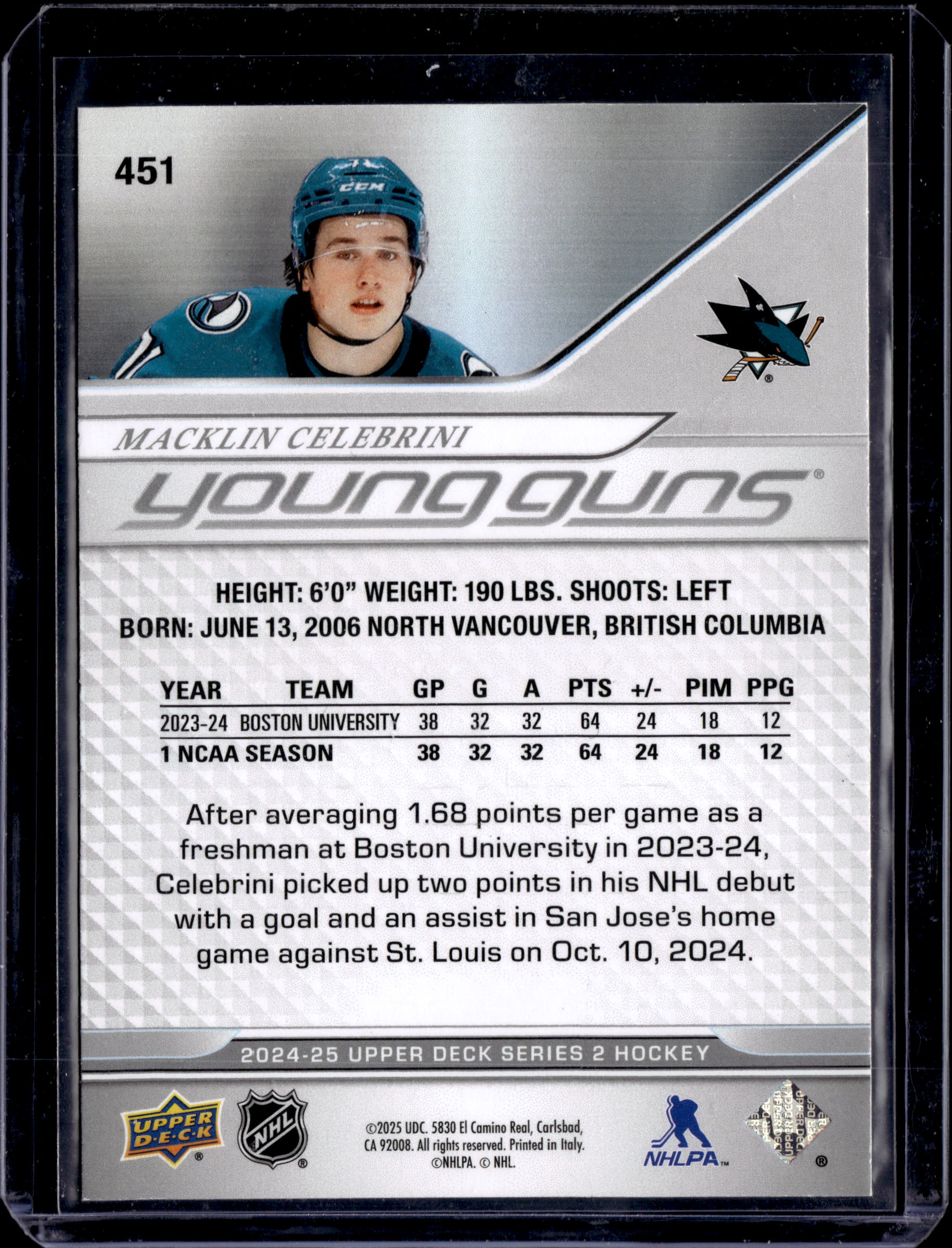 2024-25 Upper Deck Series 2 Macklin Celebrini Young Guns Deluxe 045/250