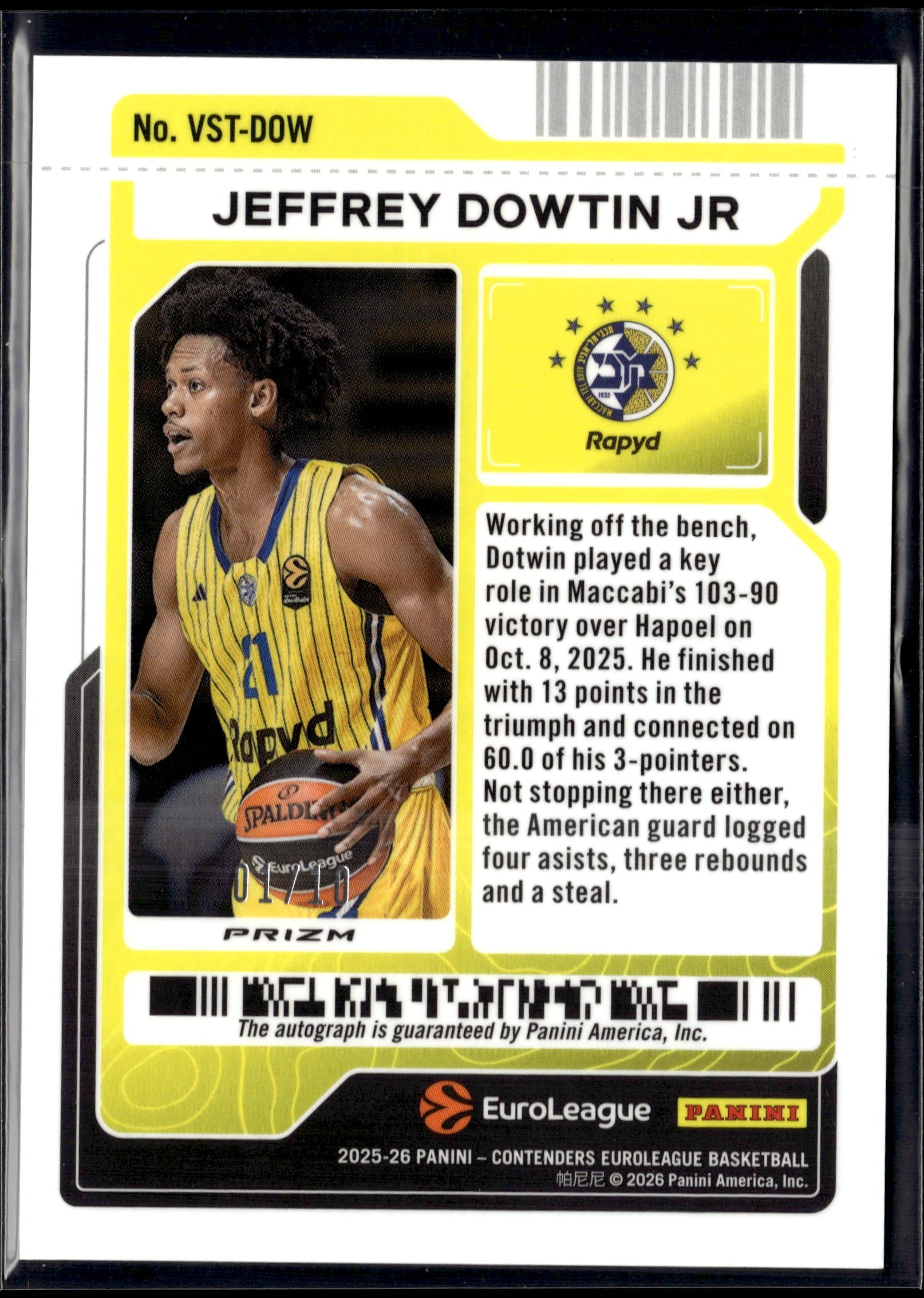 2025-26 Contenders Euroleague Gold Jeffrey Dowtin Jr. Auto /10