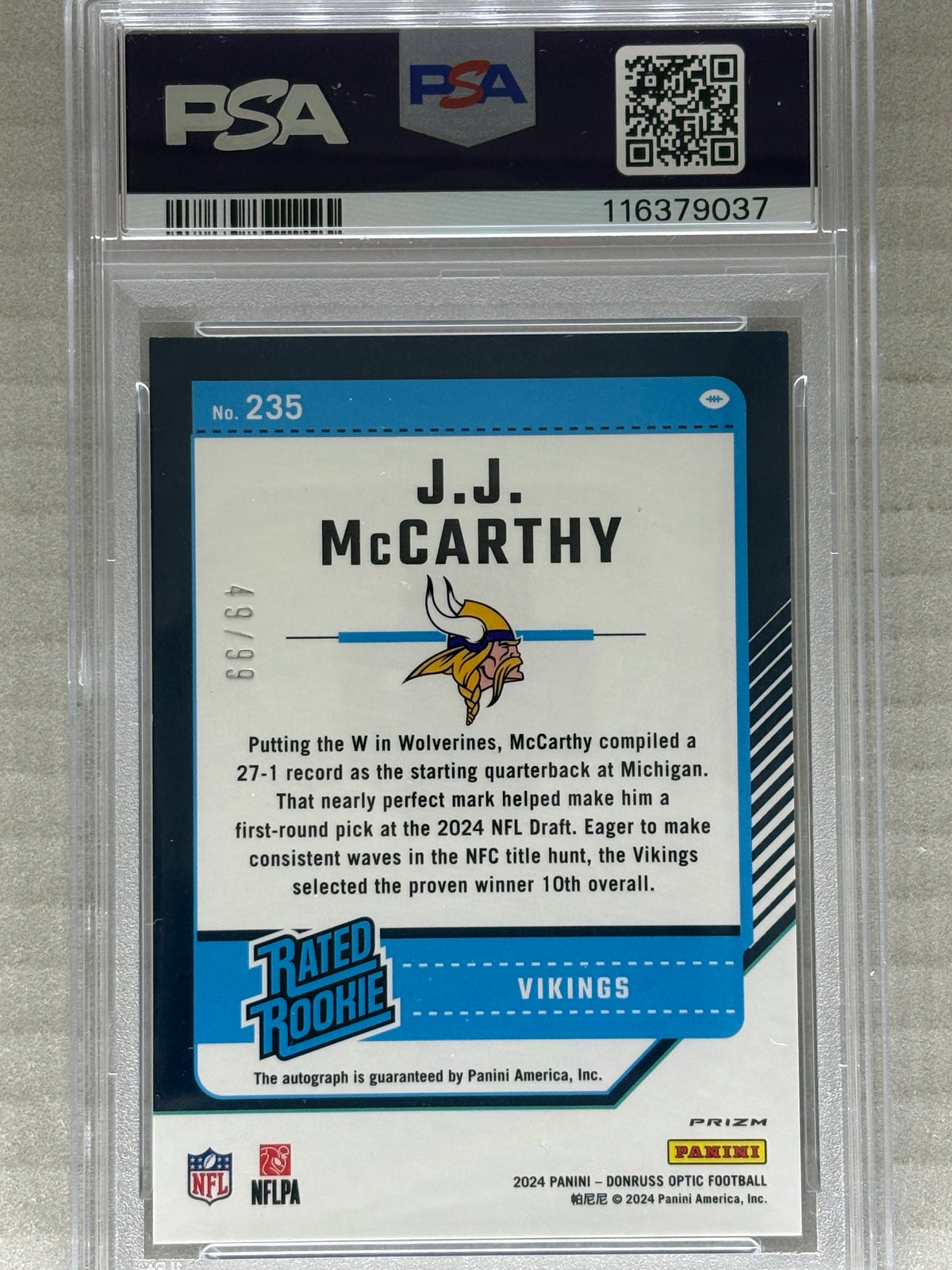 2024 Donruss Optic Rated Rookie Autograph Blue /99 J.J. McCarthy PSA 9