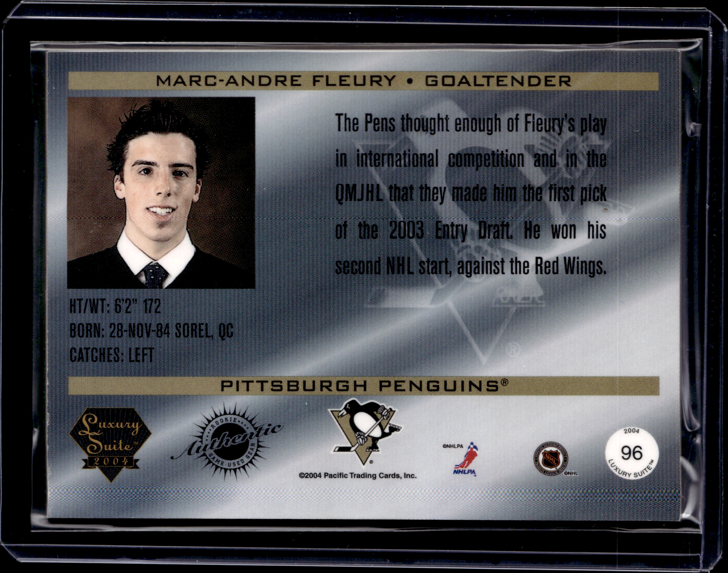 2004 Pacific Luxury Suite Game Used Puck Auto /299 Marc-Andre Fleury