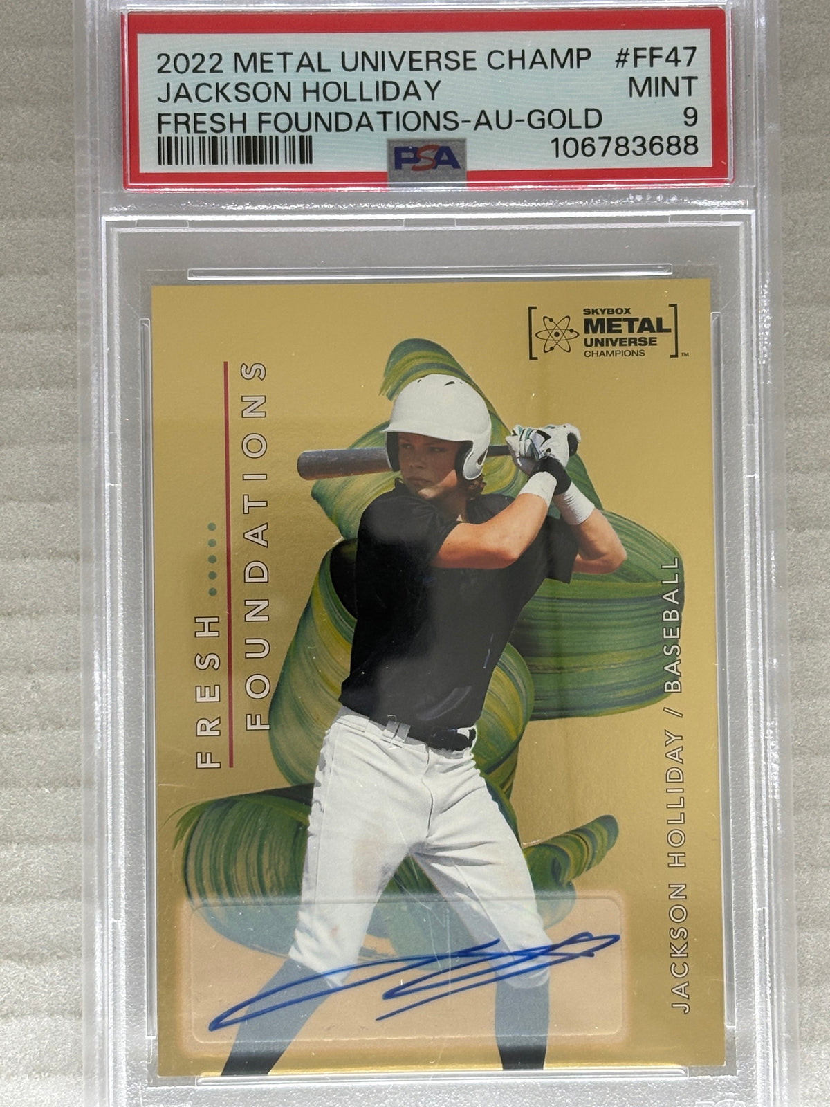 2022 Metal Universe Fresh Foundations Gold /10 Jackson Holliday PSA 9