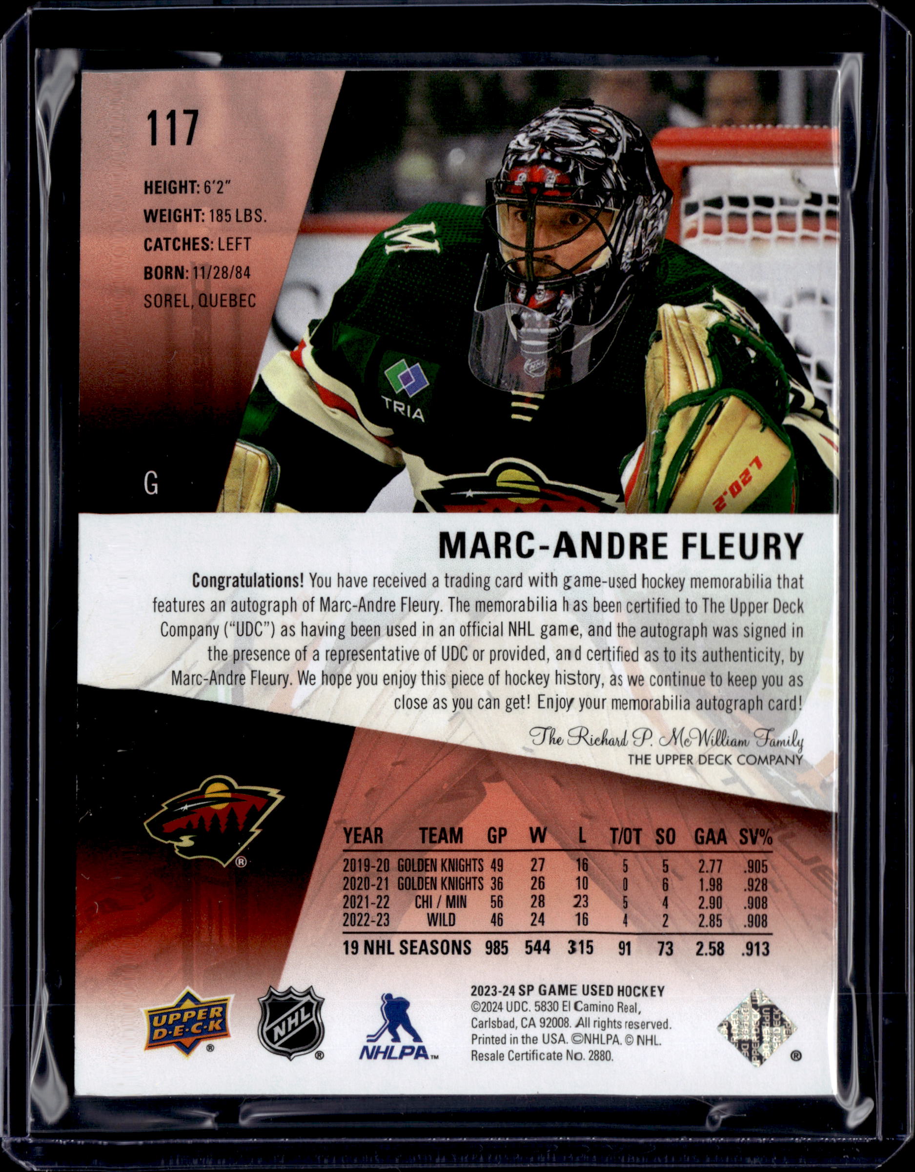 2023-24 UD SP Game Used Jersey Auto /15 Marc-Andre Fleury