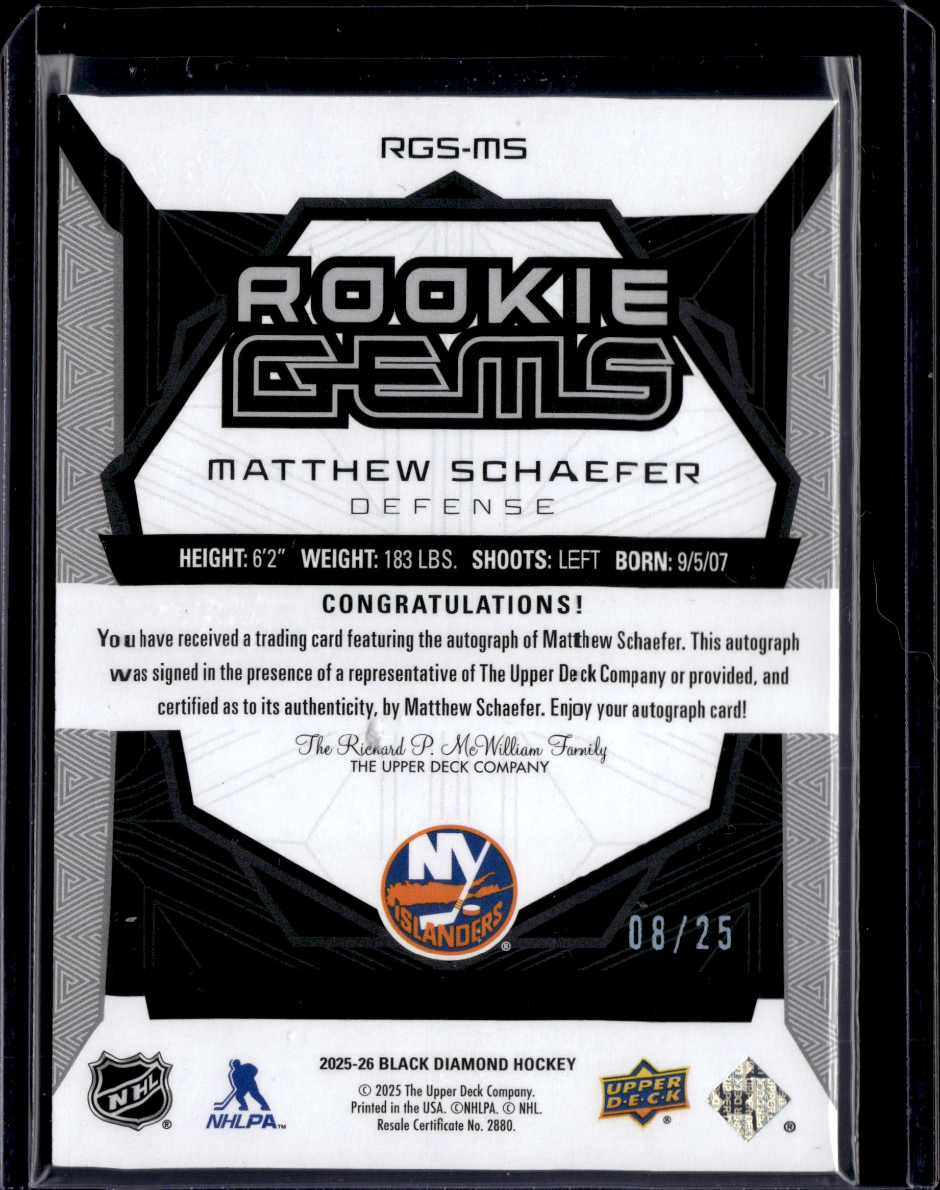 2025-26 Black Diamond Rookie Gems Matthew Schaefer Auto /25