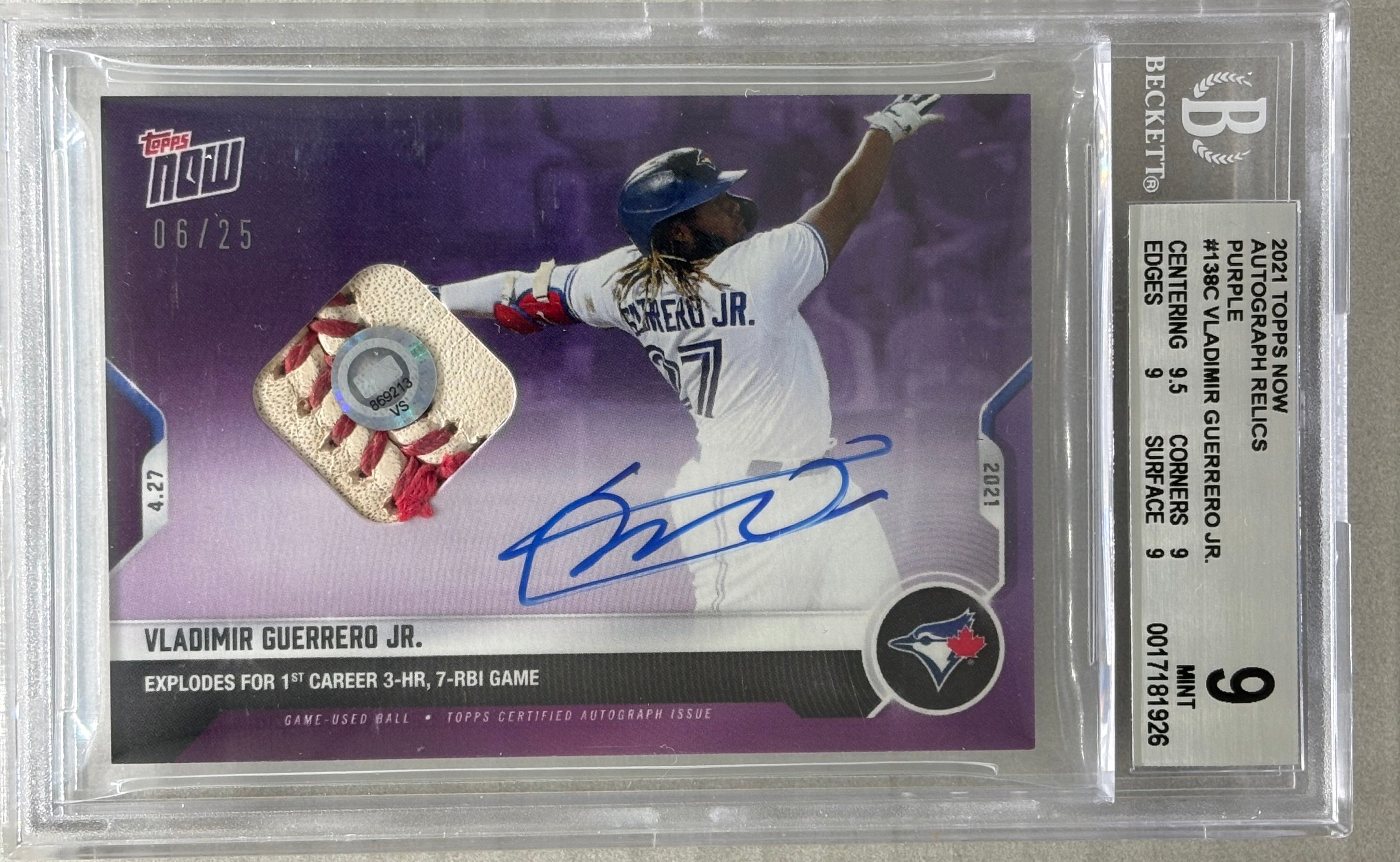 2021 Topps Now Vladimir Guerrero Jr Purple Autograph Relics /25 BGS 9