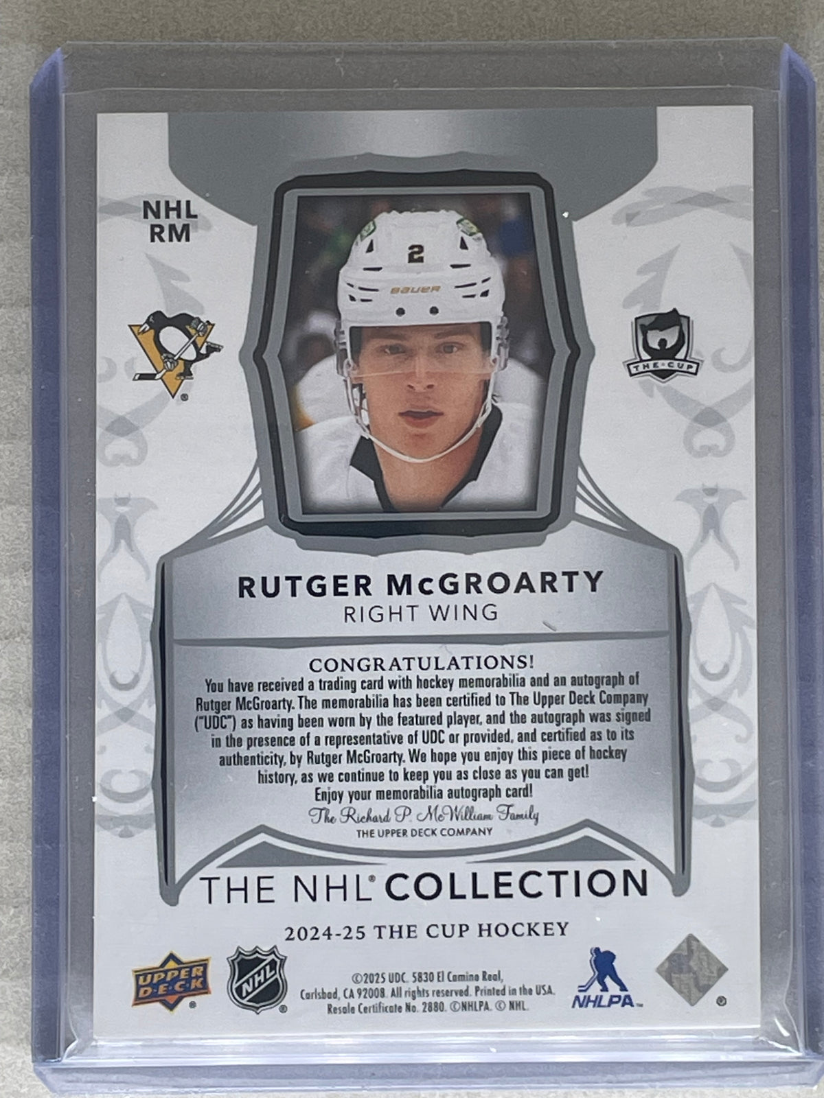2024-25 The Cup The NHL Collection Patch Auto /25 Rutger McGroarty