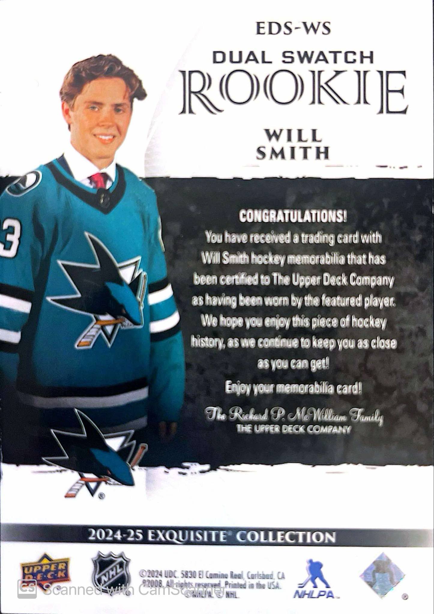 24-25 Black Diamond Exquisite Collection Dual Swatch Will Smith Rookie Patch /25